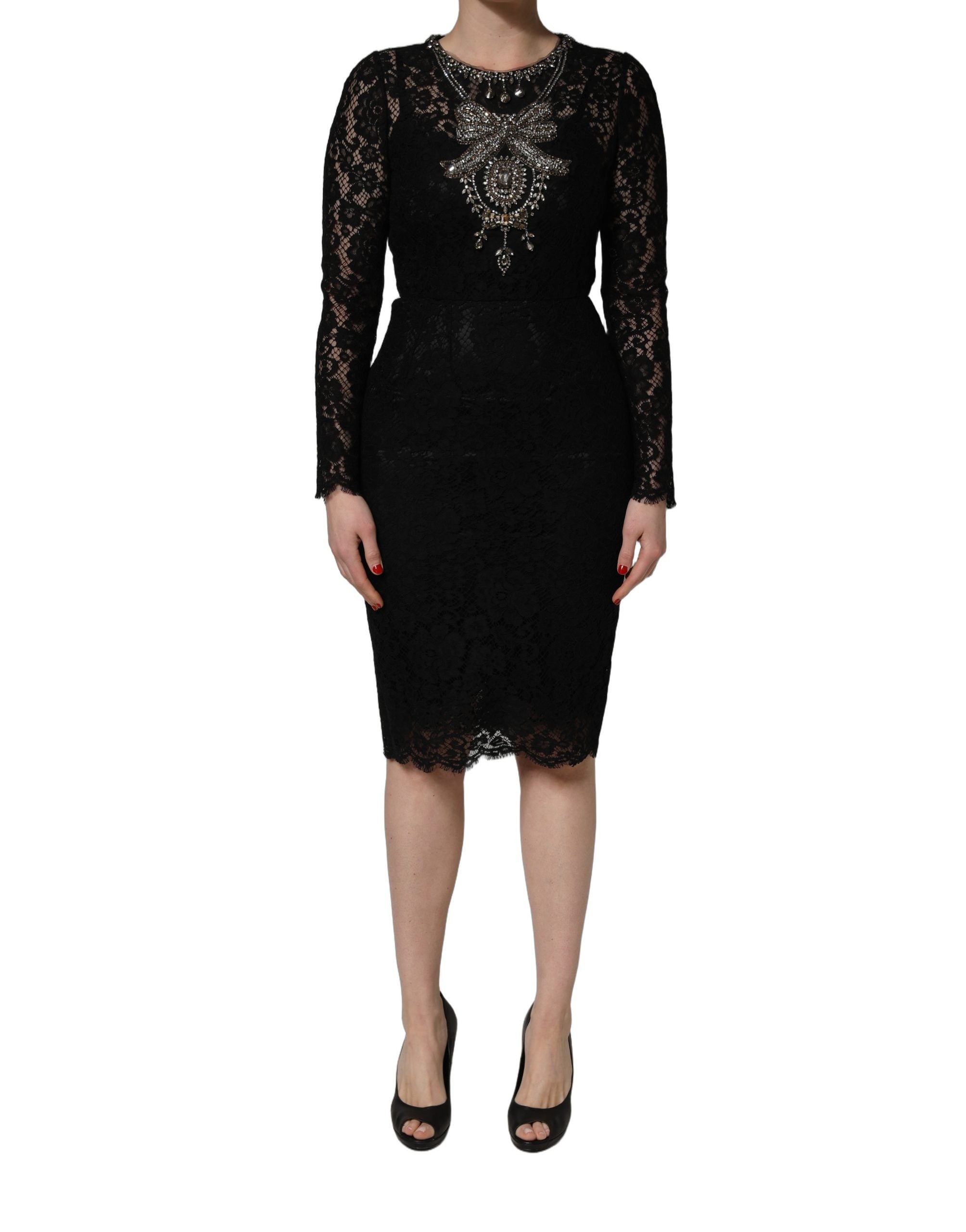 Dolce & Gabbana Elegantes Etuikleid mit schwarzen Kristallverzierungen, Midi-Länge