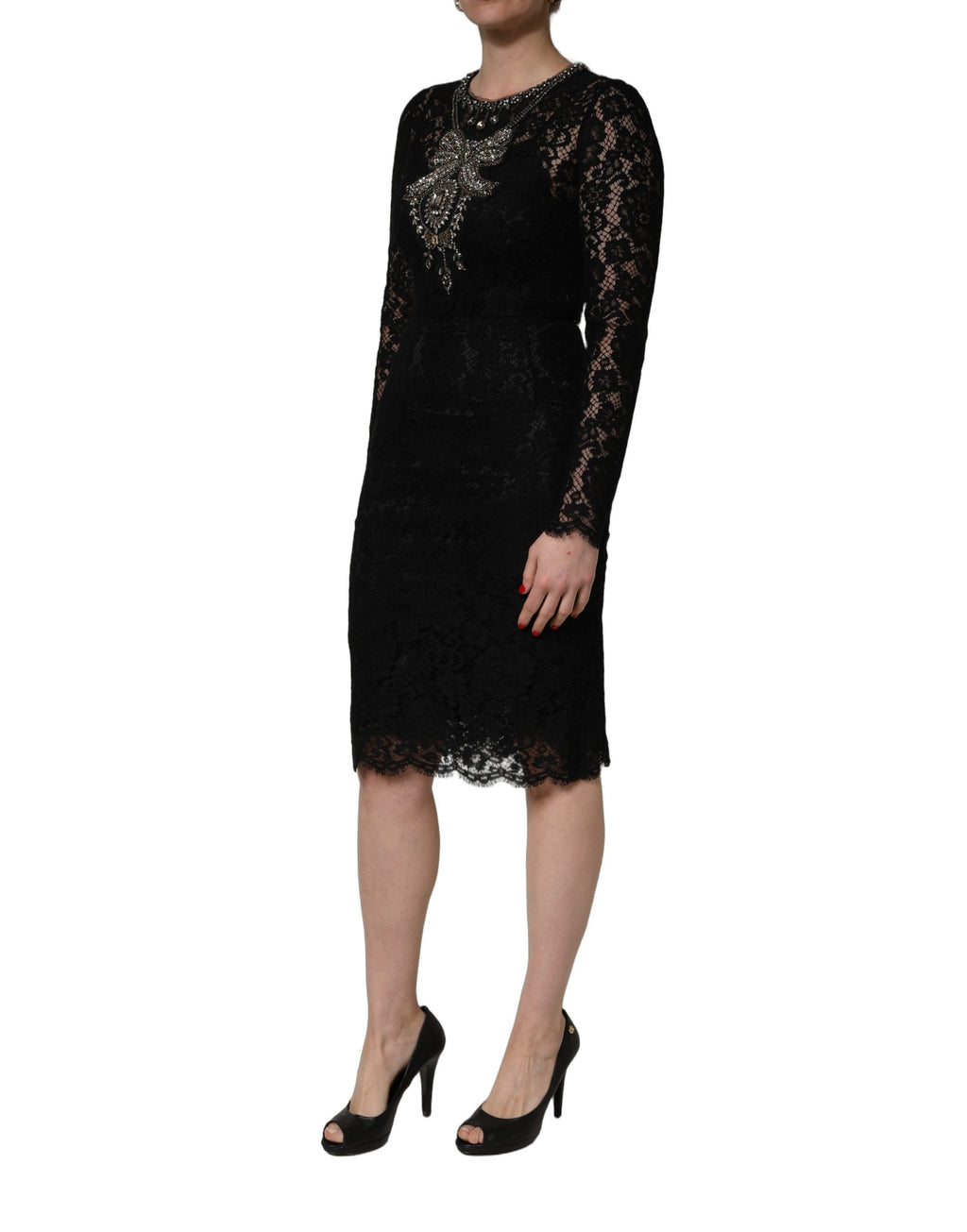 Dolce & Gabbana Elegantes Etuikleid mit schwarzen Kristallverzierungen, Midi-Länge