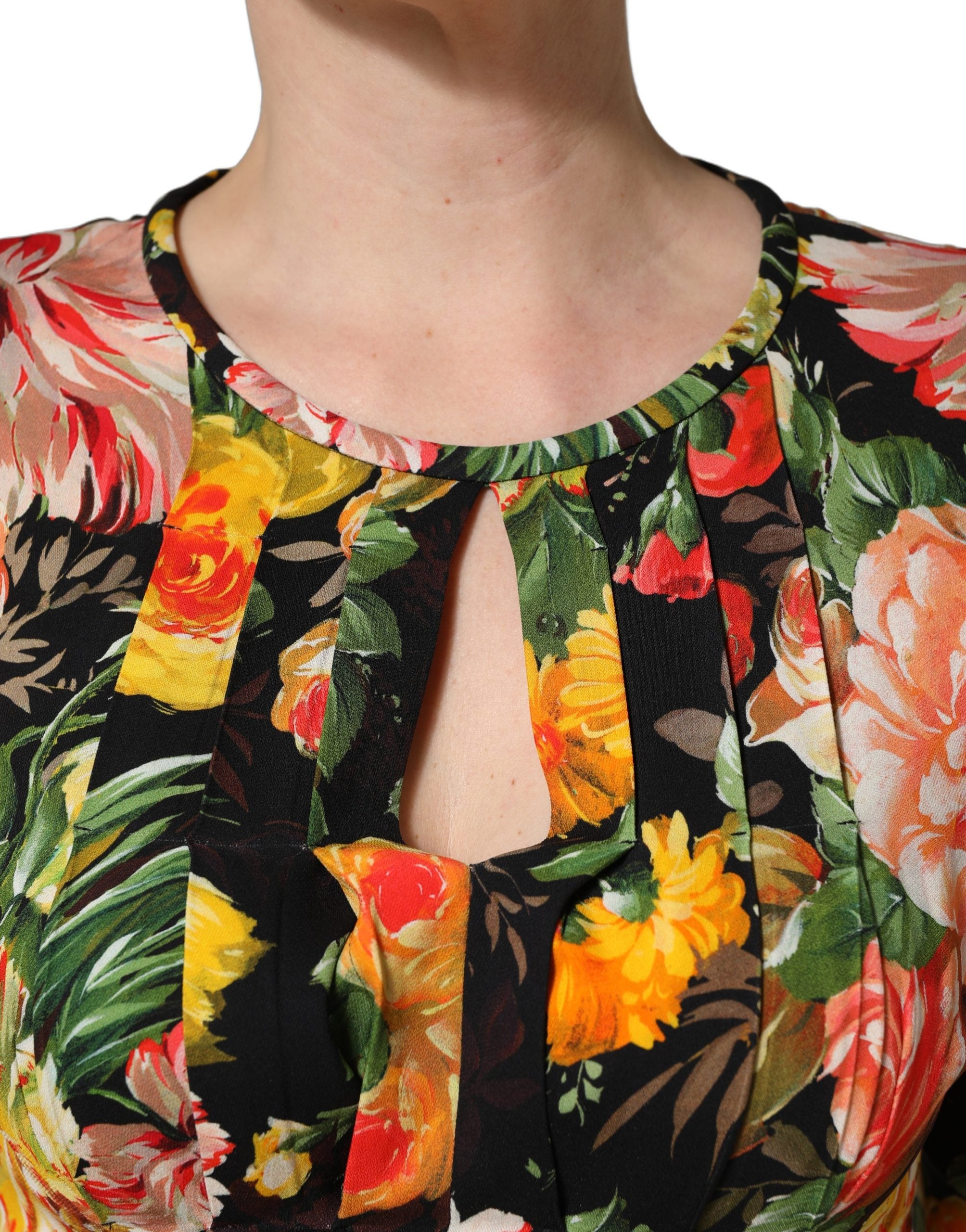 Dolce & Gabbana Midikleid mit mehrfarbigem Blumenprint und langen Ärmeln