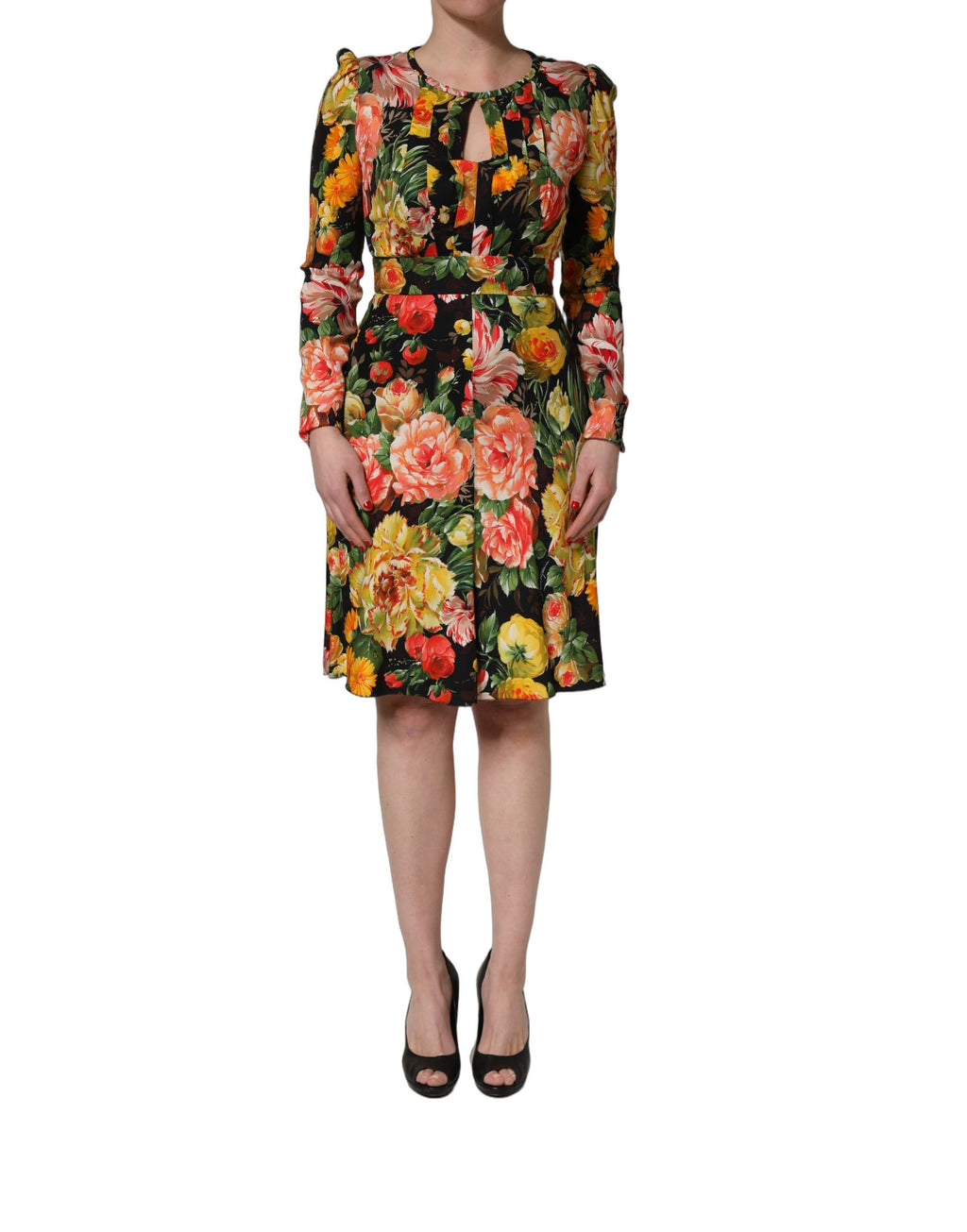 Dolce & Gabbana Midikleid mit mehrfarbigem Blumenprint und langen Ärmeln