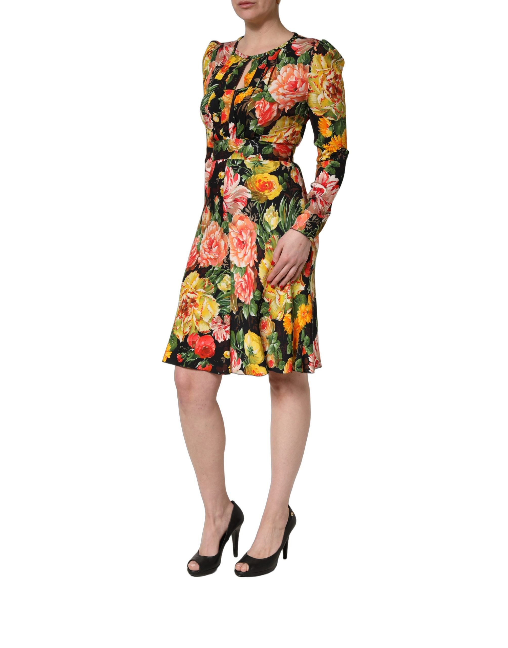 Dolce & Gabbana Midikleid mit mehrfarbigem Blumenprint und langen Ärmeln