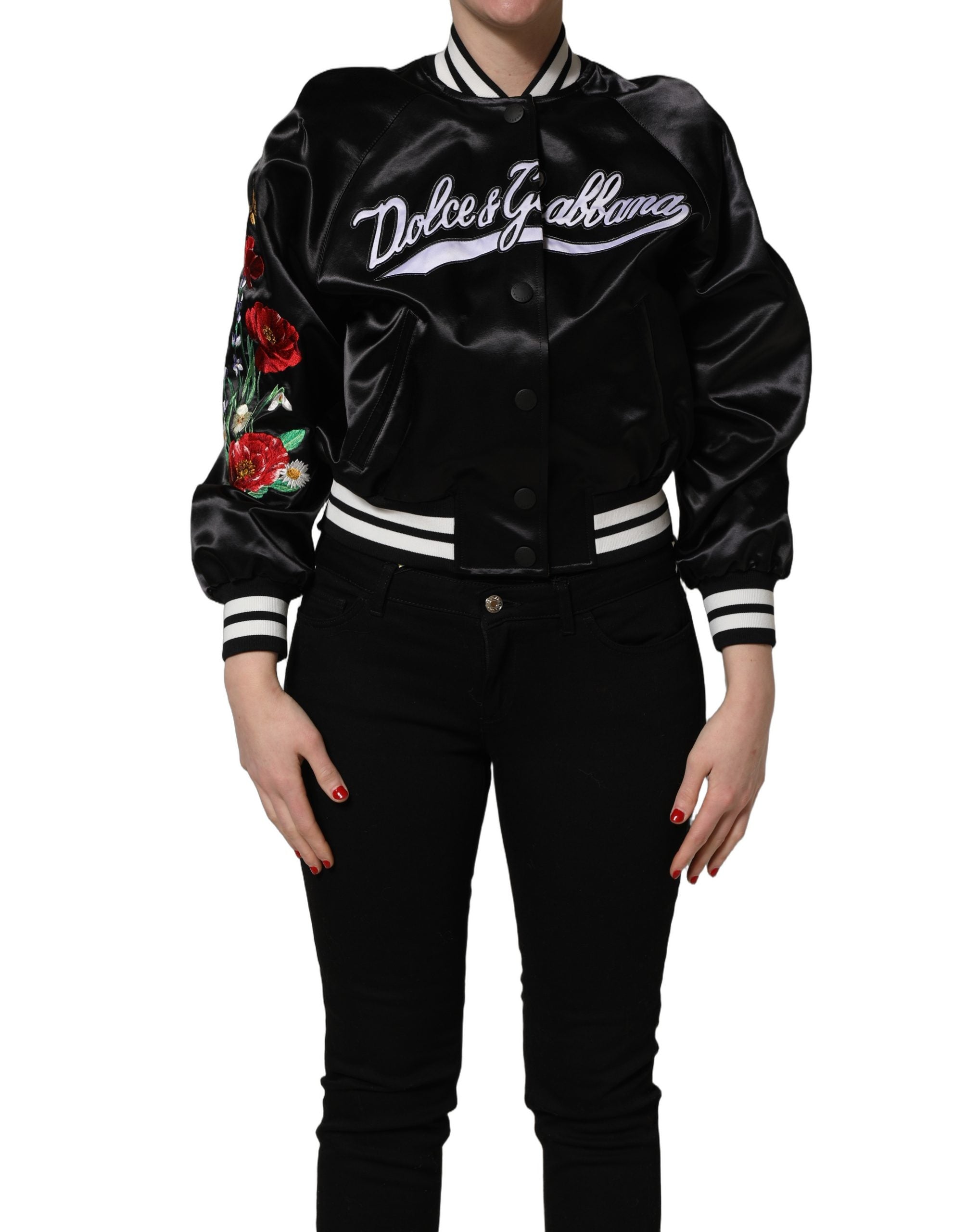 Dolce & Gabbana Schwarze Satin-Bomberjacke mit Blumenstickerei
