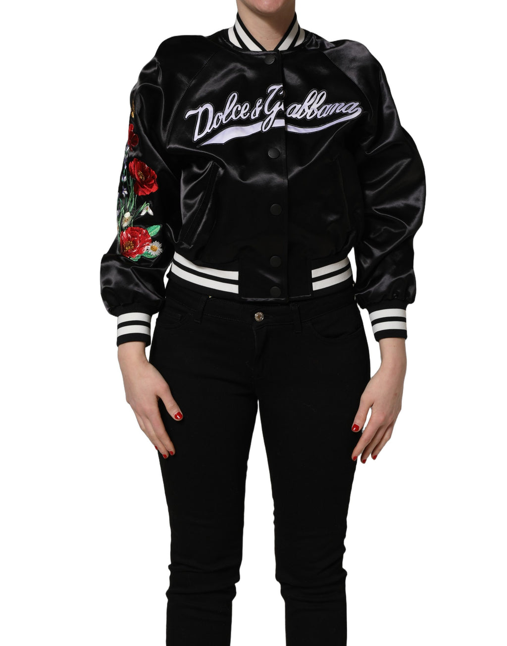 Dolce & Gabbana Schwarze Satin-Bomberjacke mit Blumenstickerei