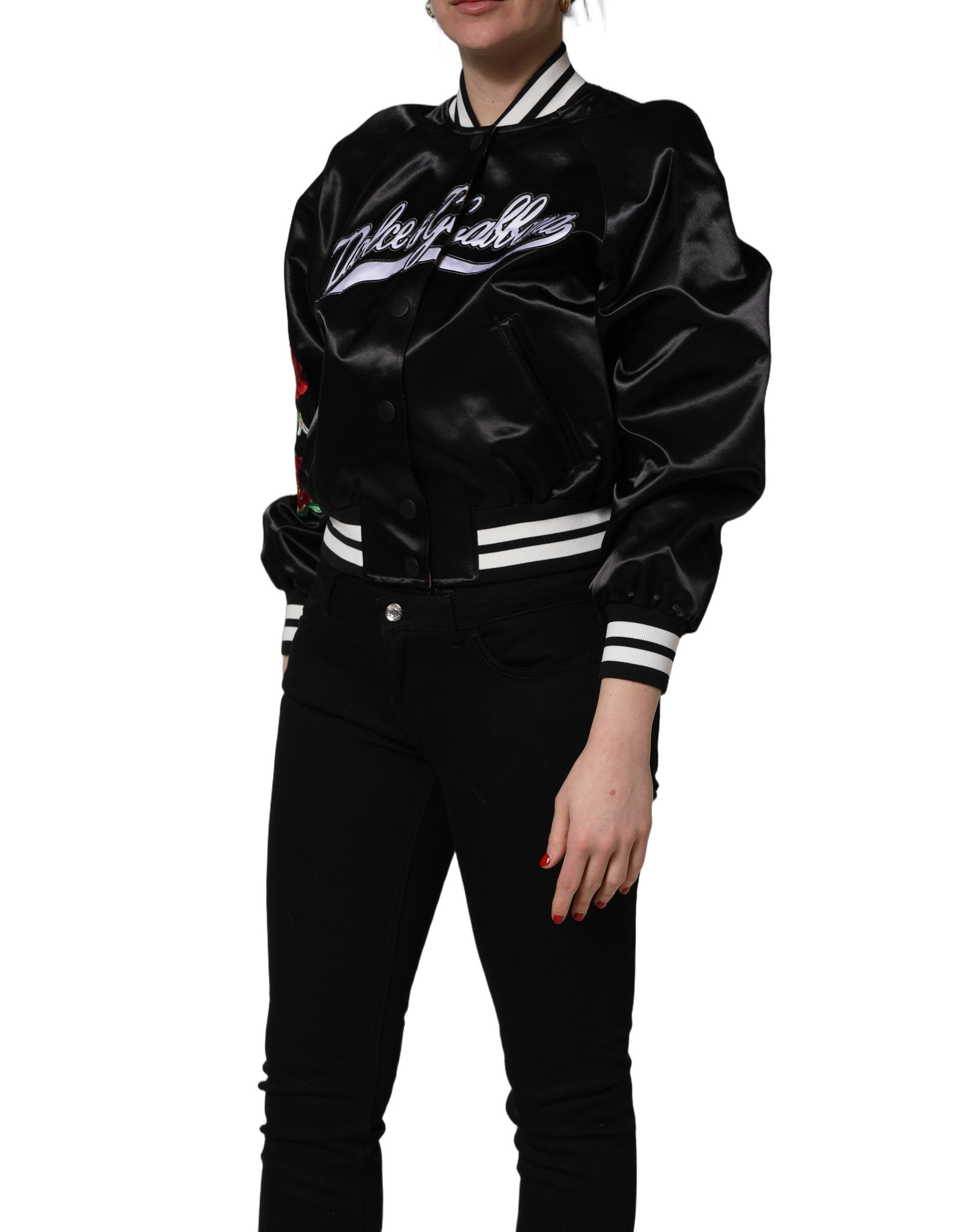 Dolce & Gabbana Schwarze Satin-Bomberjacke mit Blumenstickerei