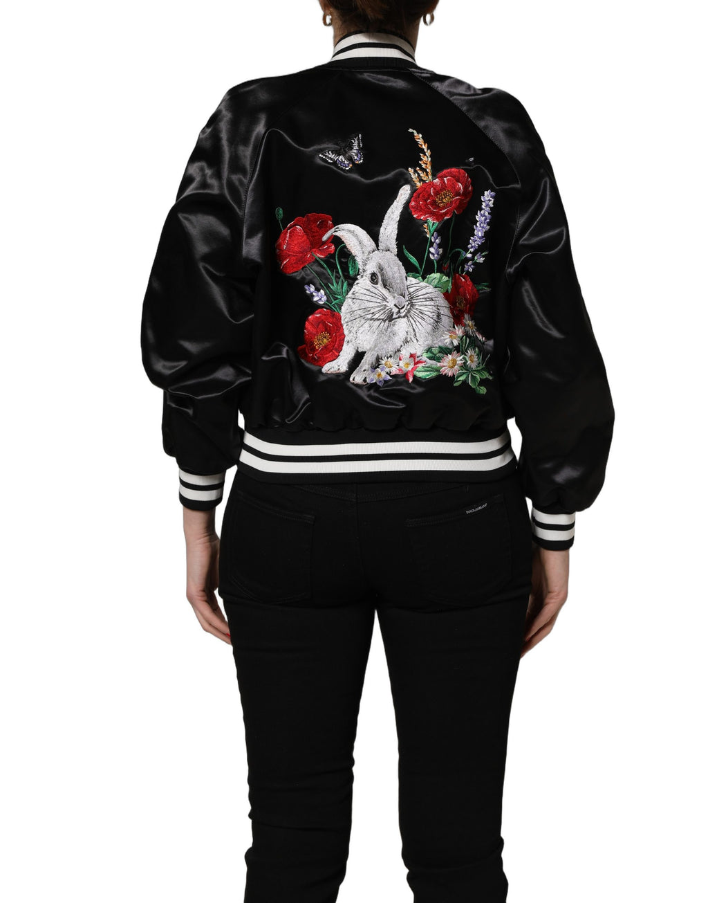 Dolce & Gabbana Schwarze Satin-Bomberjacke mit Blumenstickerei