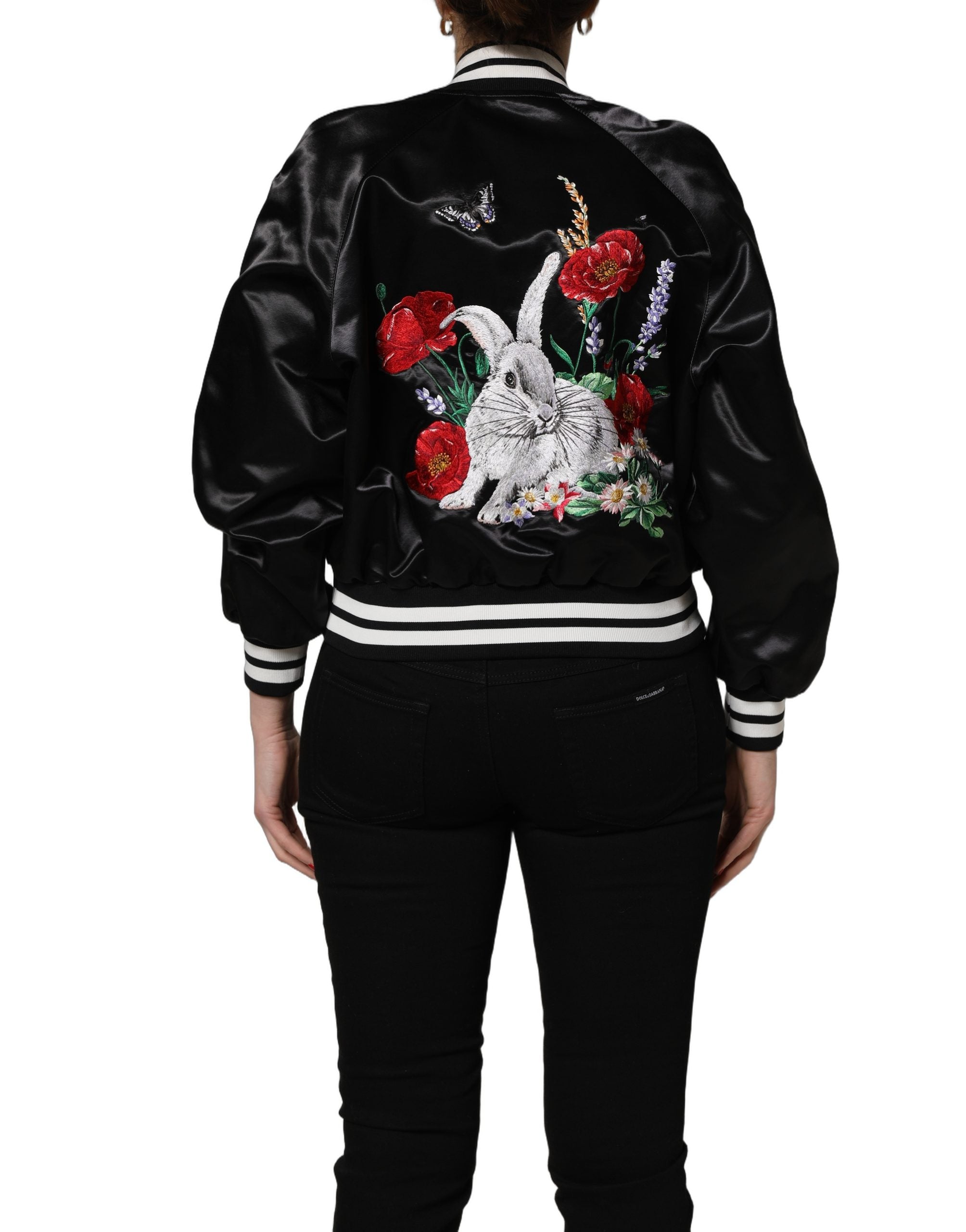 Dolce & Gabbana Schwarze Satin-Bomberjacke mit Blumenstickerei