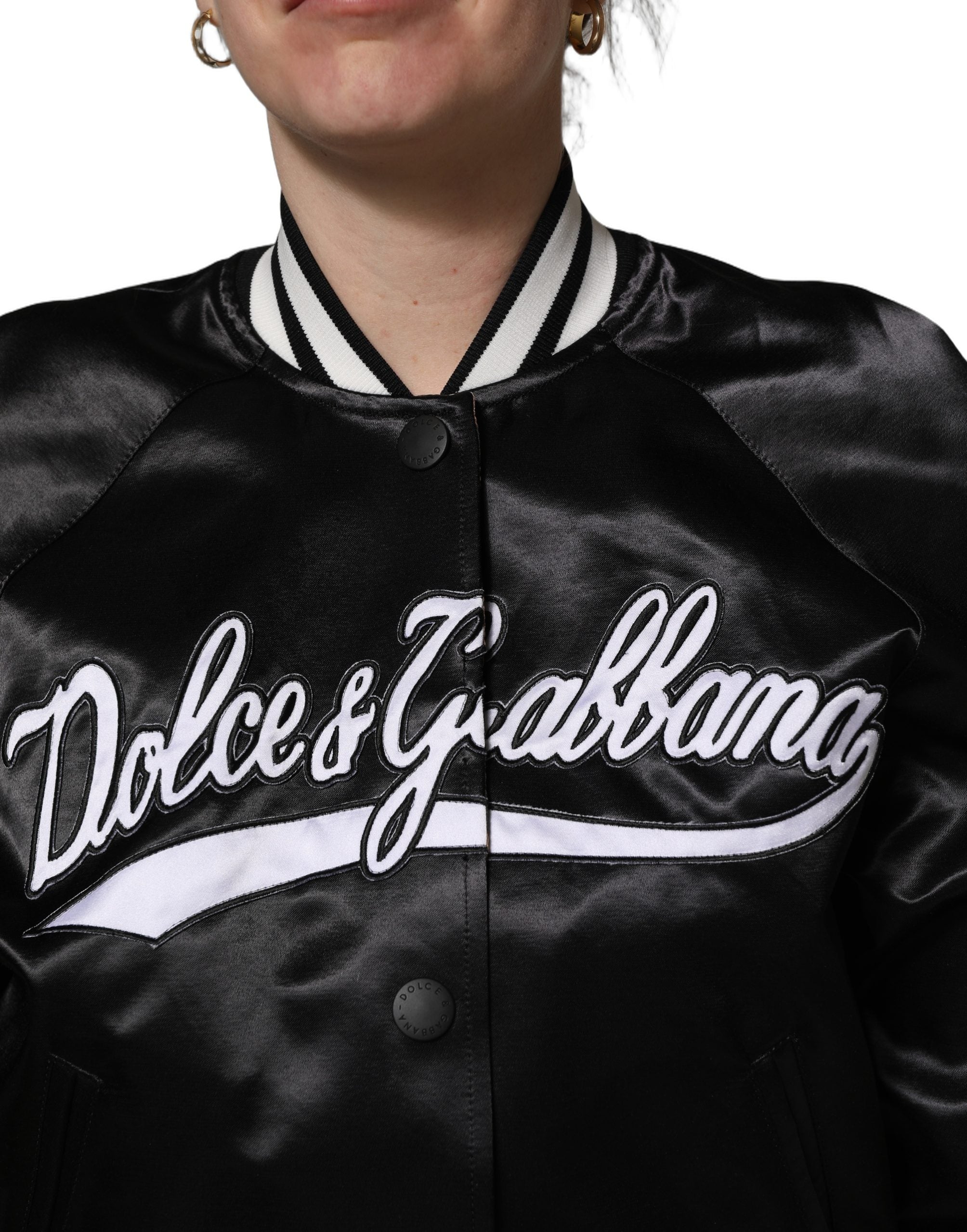 Dolce & Gabbana Schwarze Satin-Bomberjacke mit Blumenstickerei