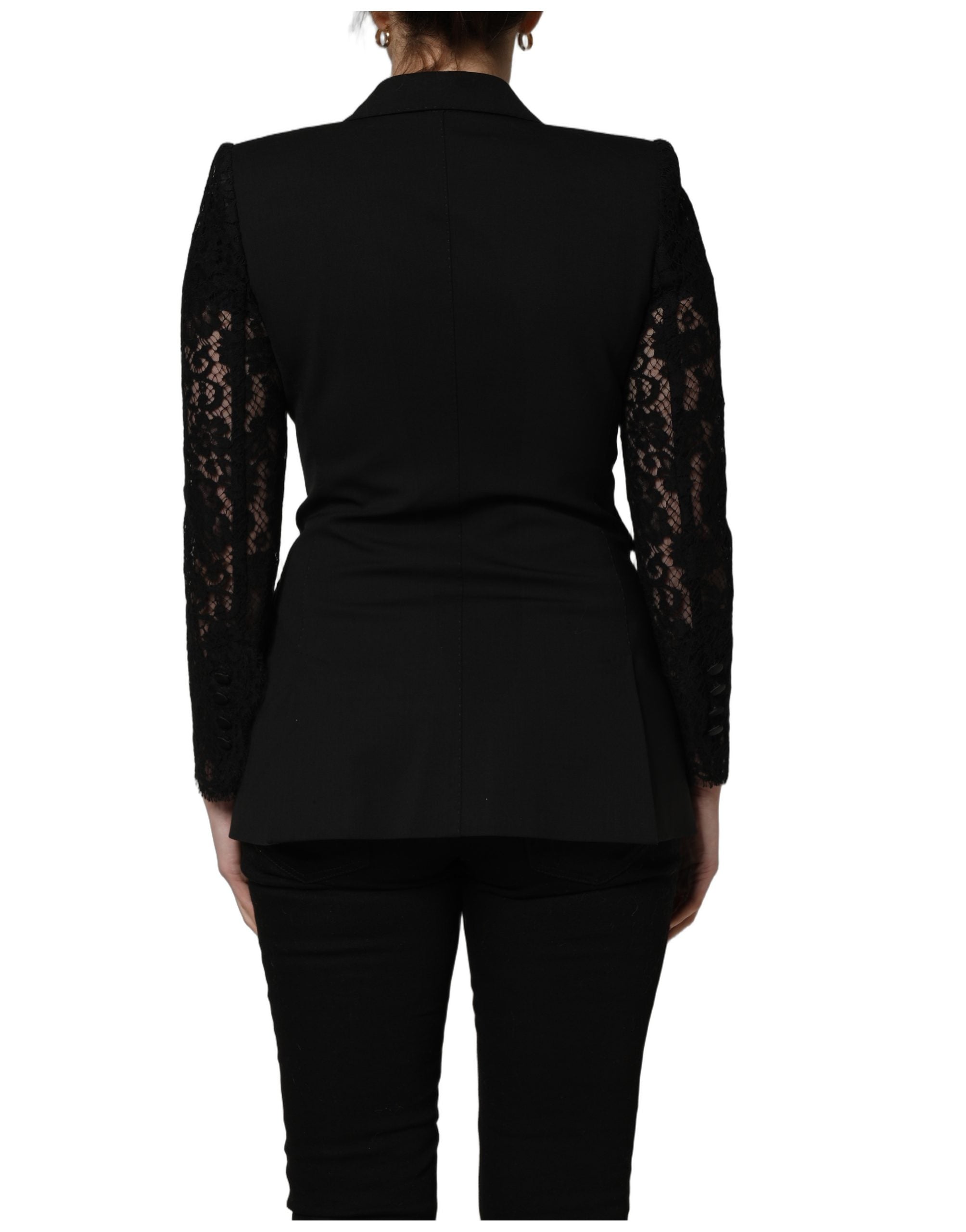 Dolce & Gabbana Schwarzer Wollblazer mit doppelreihiger Knopfleiste und Spitzenärmeln