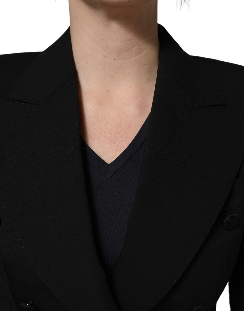 Dolce & Gabbana Schwarzer Wollblazer mit doppelreihiger Knopfleiste und Spitzenärmeln