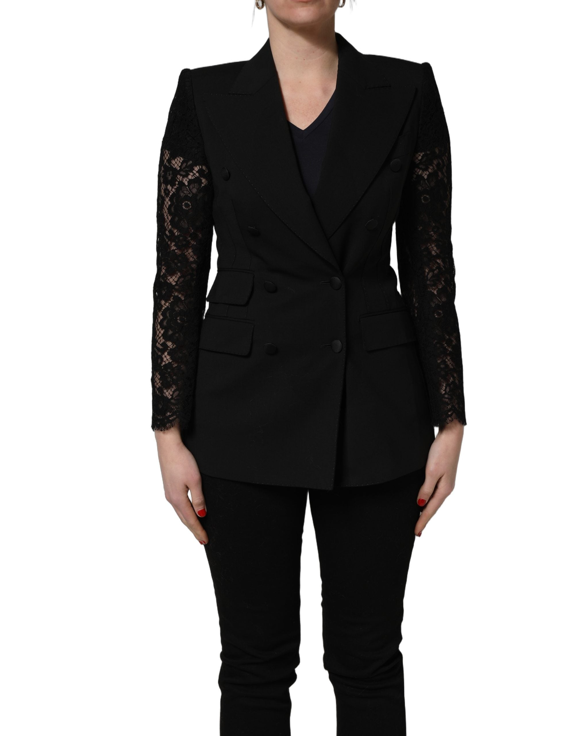 Dolce & Gabbana Schwarzer Wollblazer mit doppelreihiger Knopfleiste und Spitzenärmeln