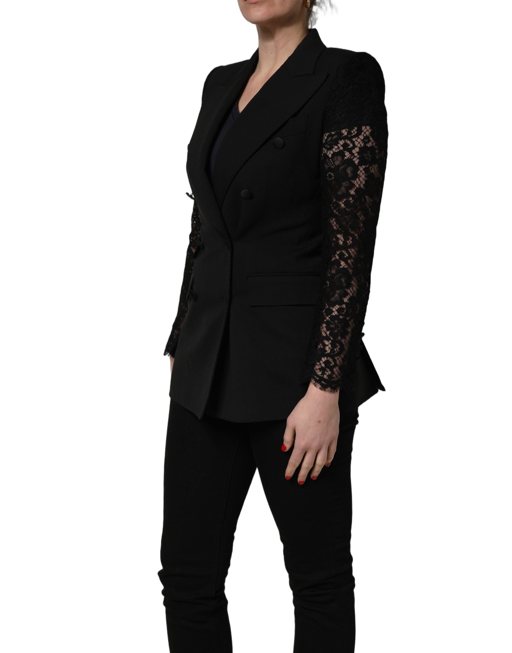Dolce & Gabbana Schwarzer Wollblazer mit doppelreihiger Knopfleiste und Spitzenärmeln