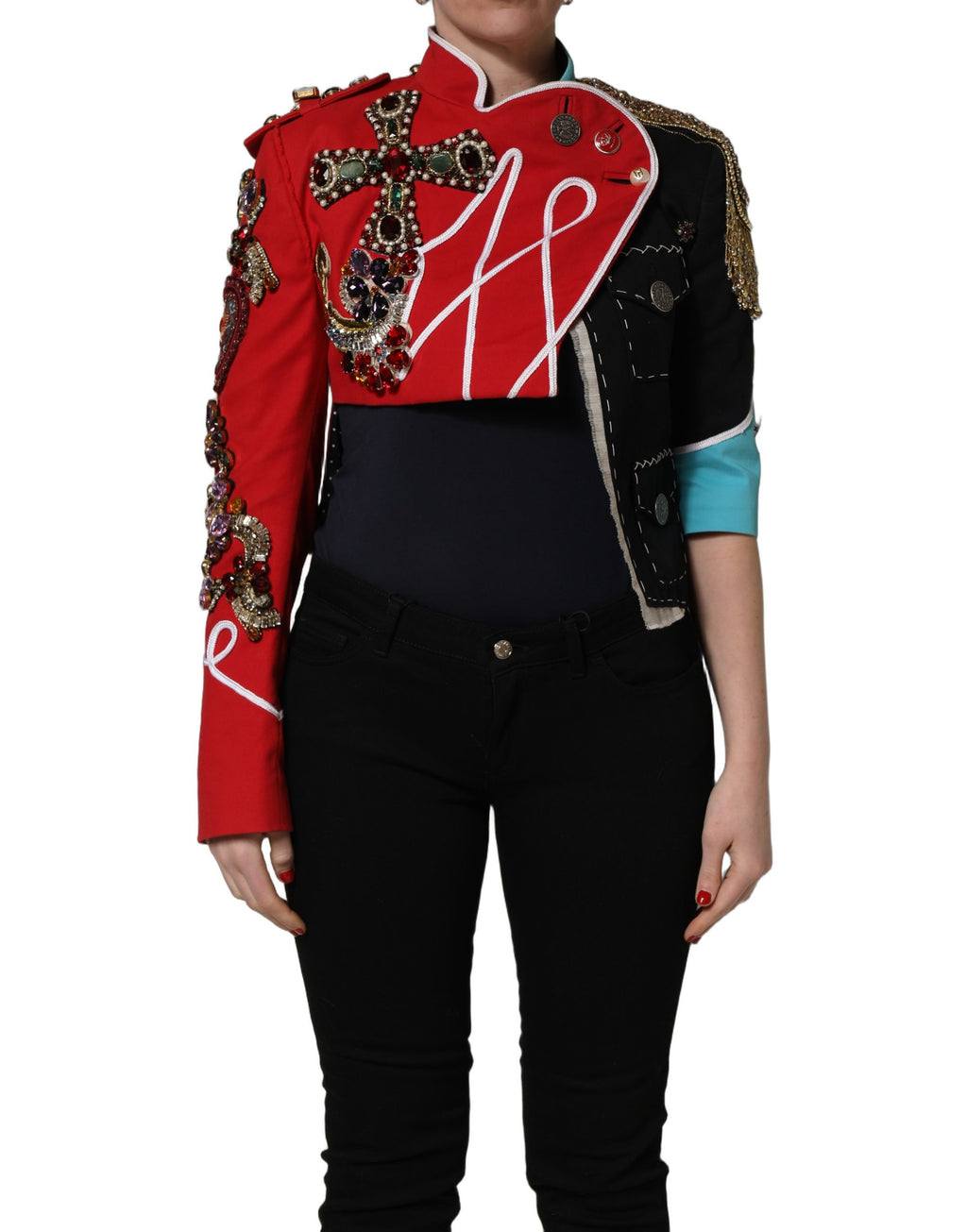 Dolce & Gabbana Mehrfarbige asymmetrische verzierte Juwelen-Cropped-Jacke