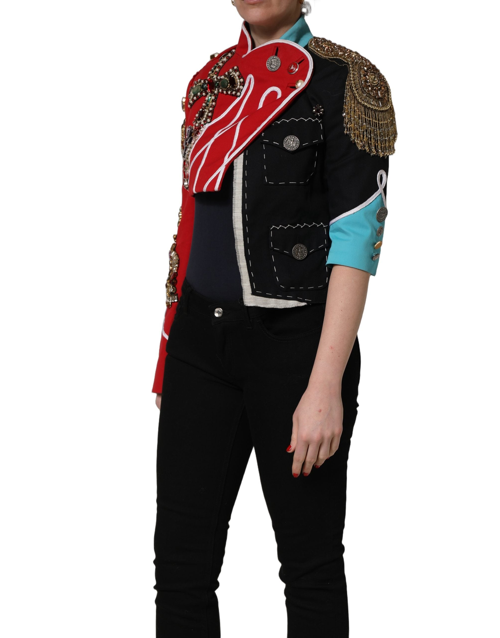 Dolce & Gabbana Mehrfarbige asymmetrische verzierte Juwelen-Cropped-Jacke