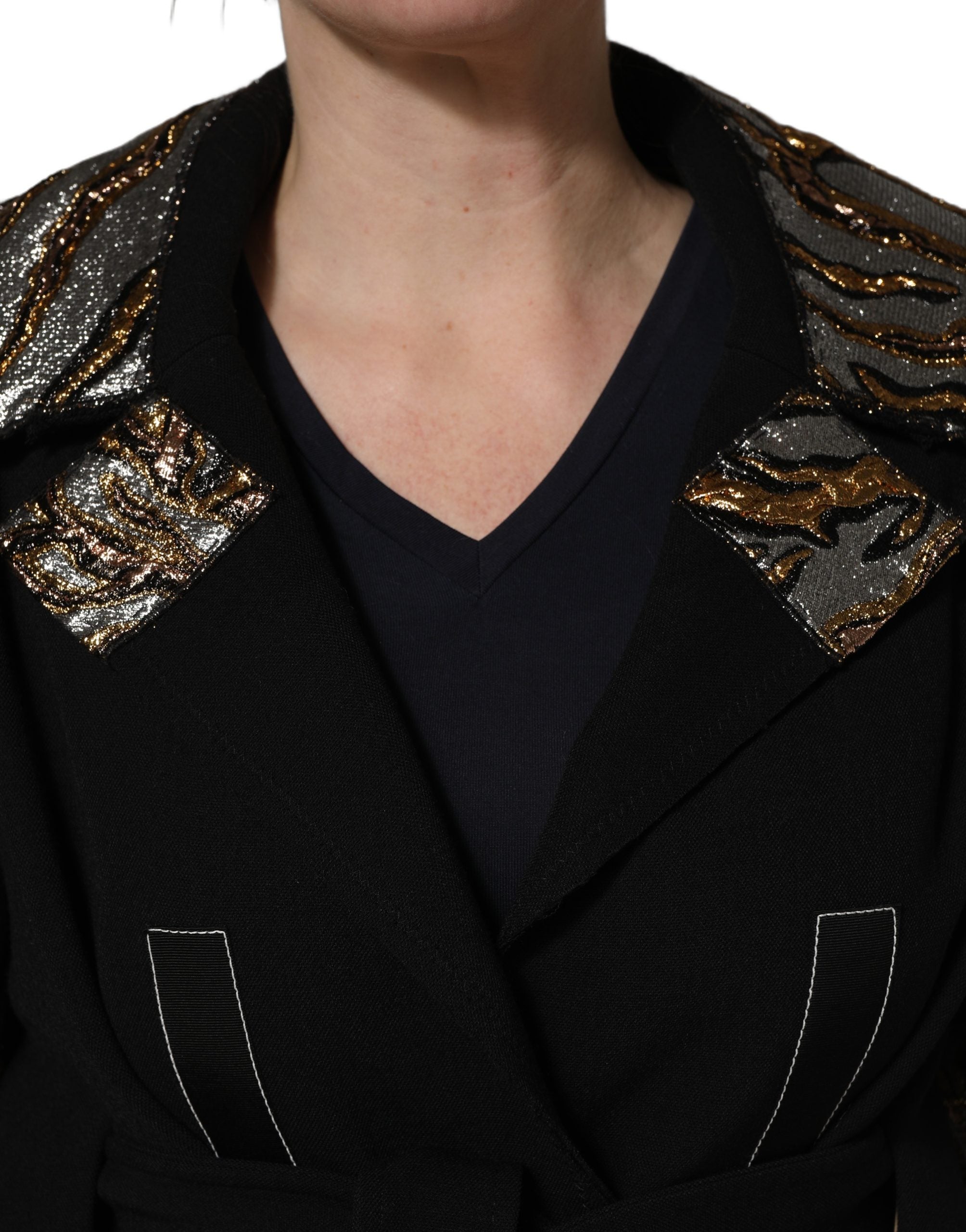 Dolce & Gabbana Schwarzer einreihiger Brokatmantel