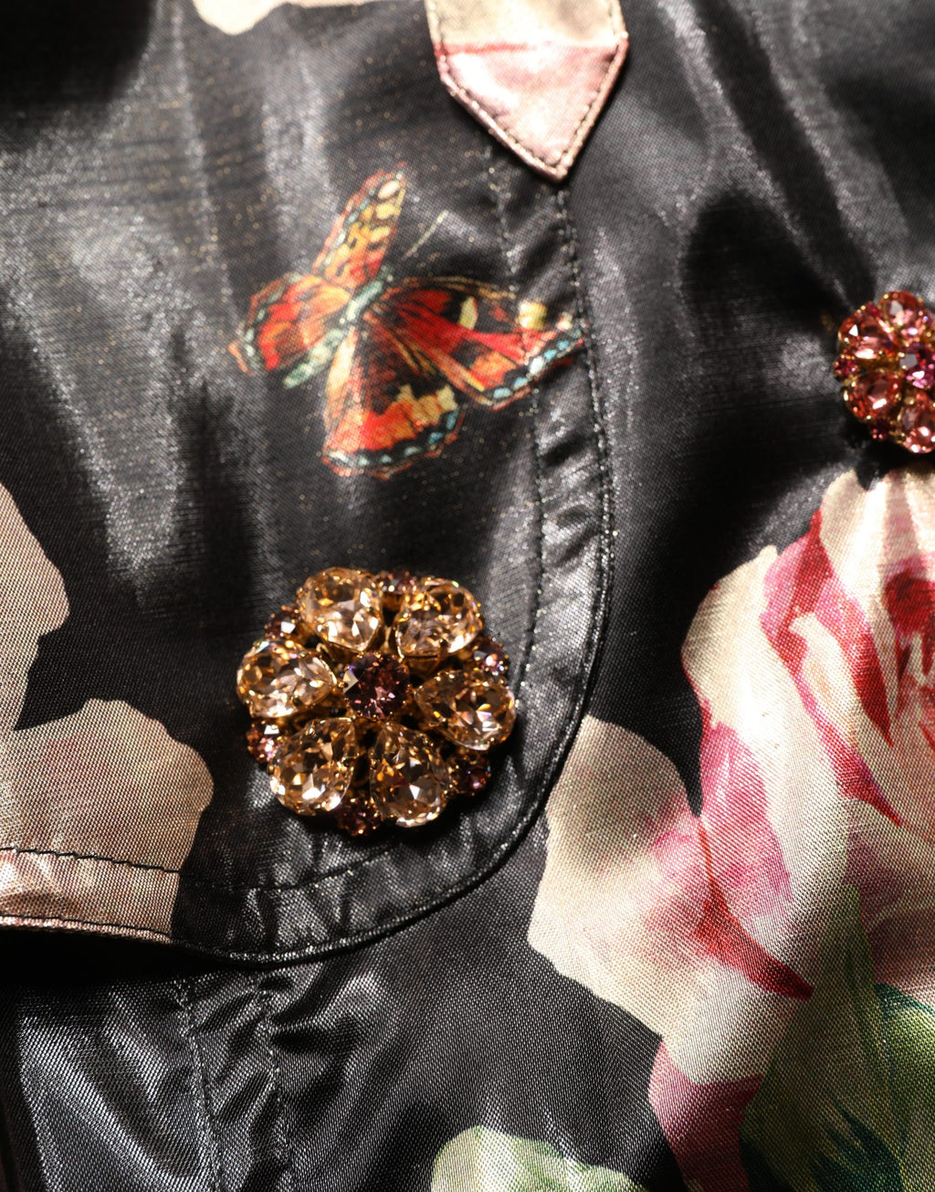 Dolce & Gabbana Schwarzer Trenchcoat mit Gürtel und Blumenmuster aus Polyester