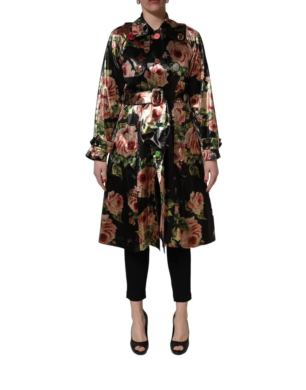 Dolce & Gabbana Schwarzer Trenchcoat mit Gürtel und Blumenmuster aus Polyester