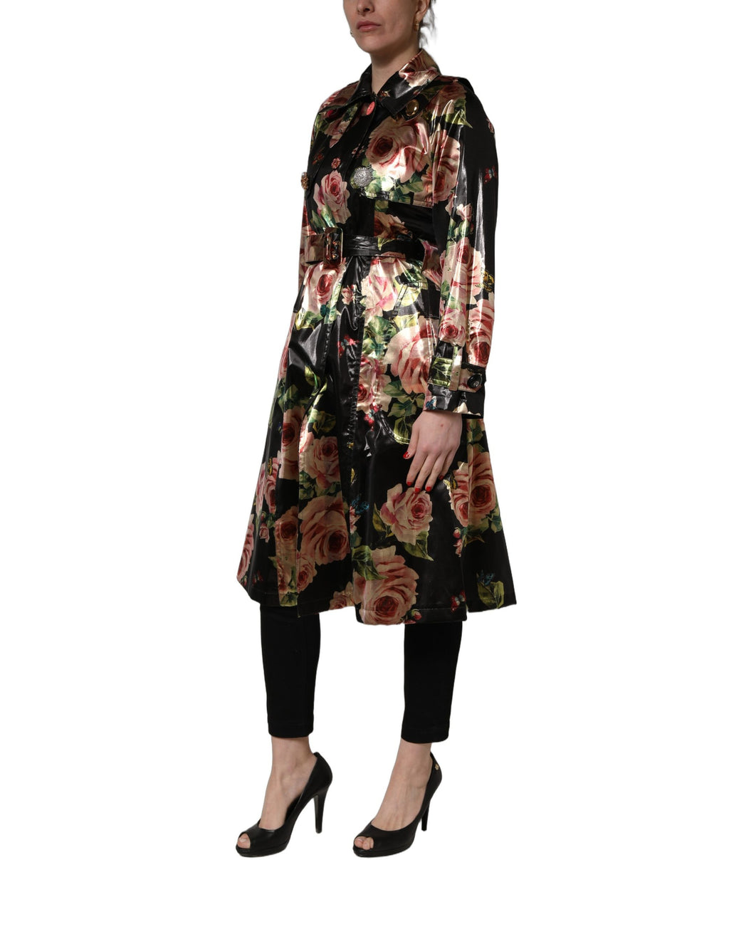 Dolce & Gabbana Schwarzer Trenchcoat mit Gürtel und Blumenmuster aus Polyester