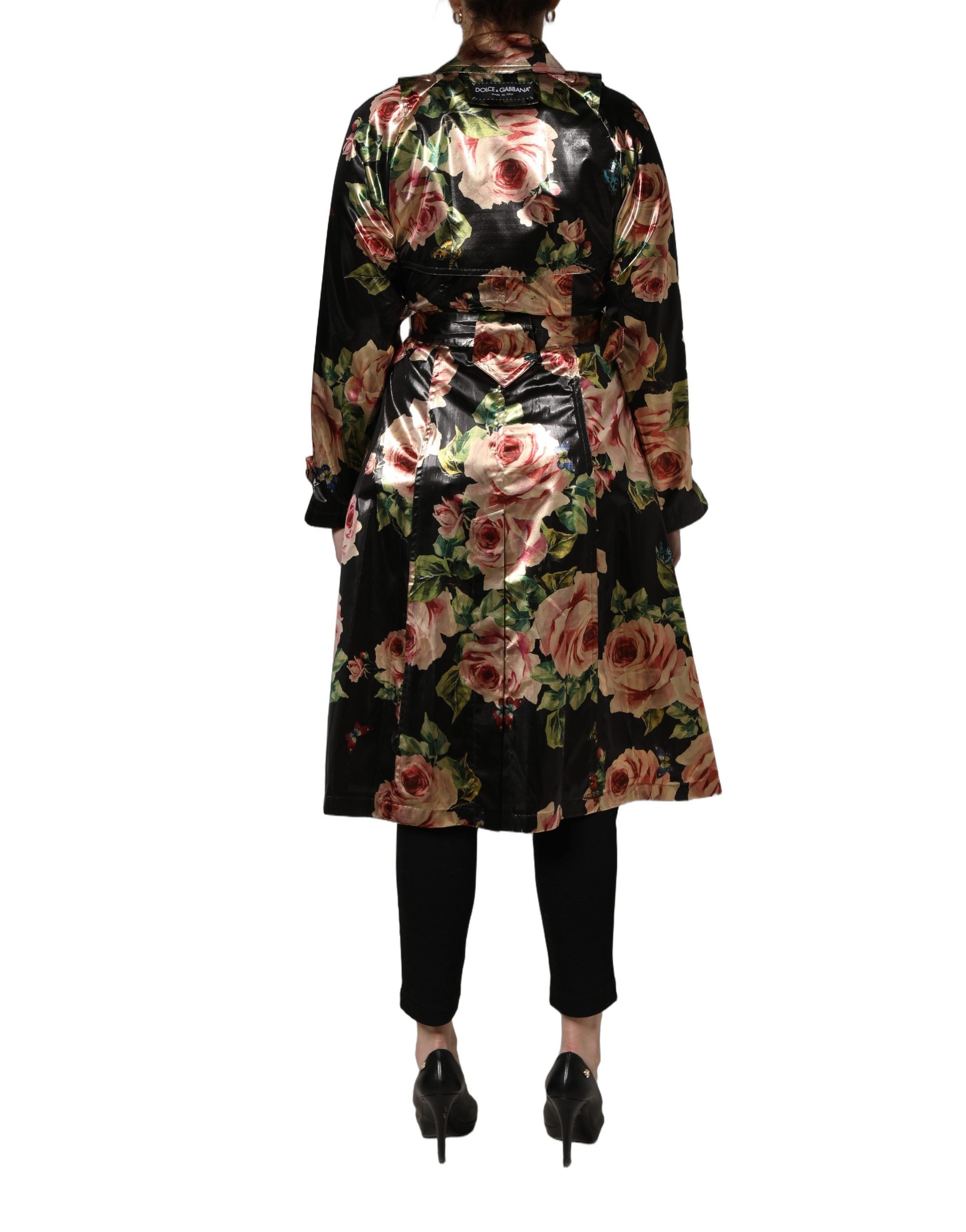 Dolce & Gabbana Schwarzer Trenchcoat mit Gürtel und Blumenmuster aus Polyester