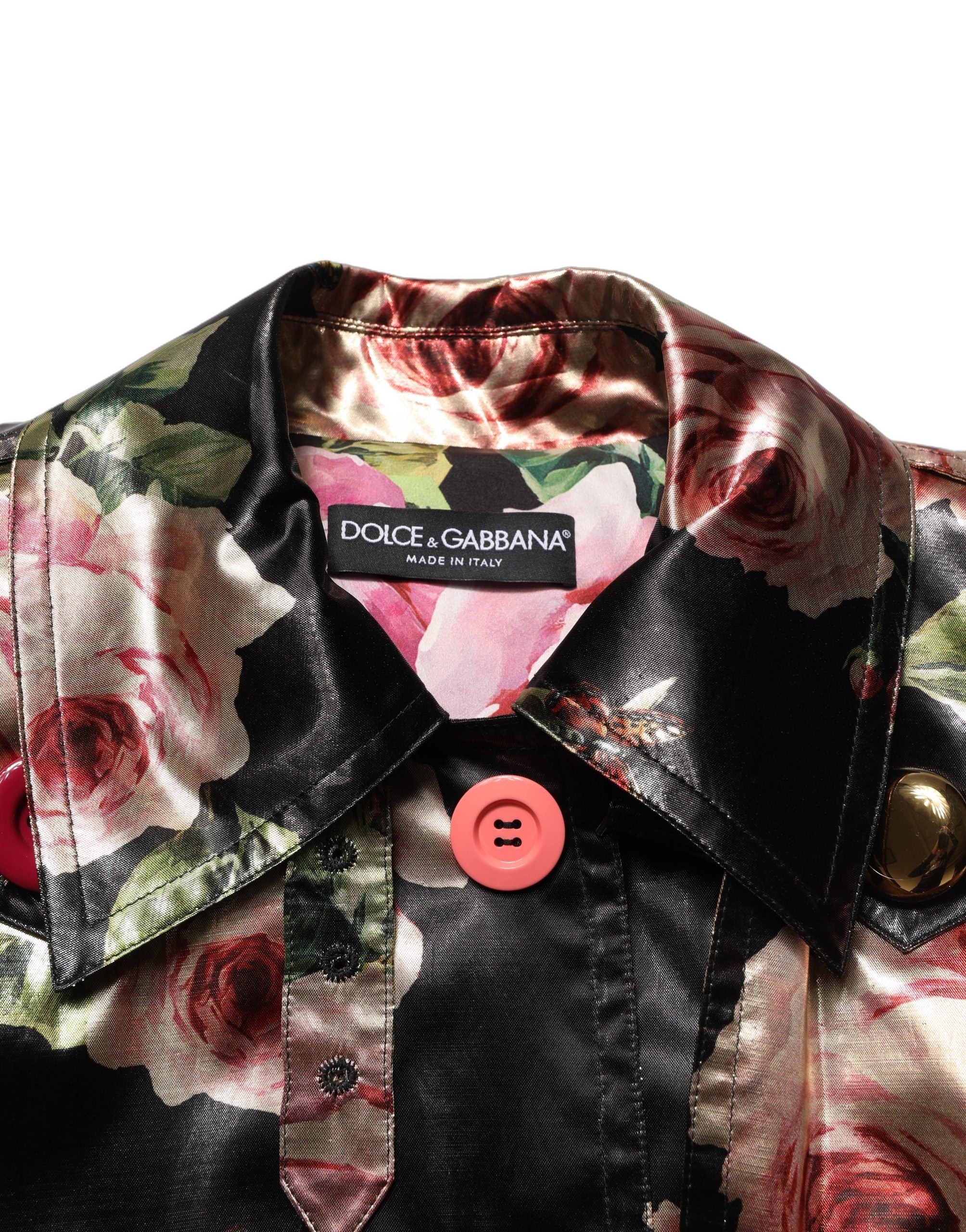 Dolce & Gabbana Schwarzer Trenchcoat mit Gürtel und Blumenmuster aus Polyester