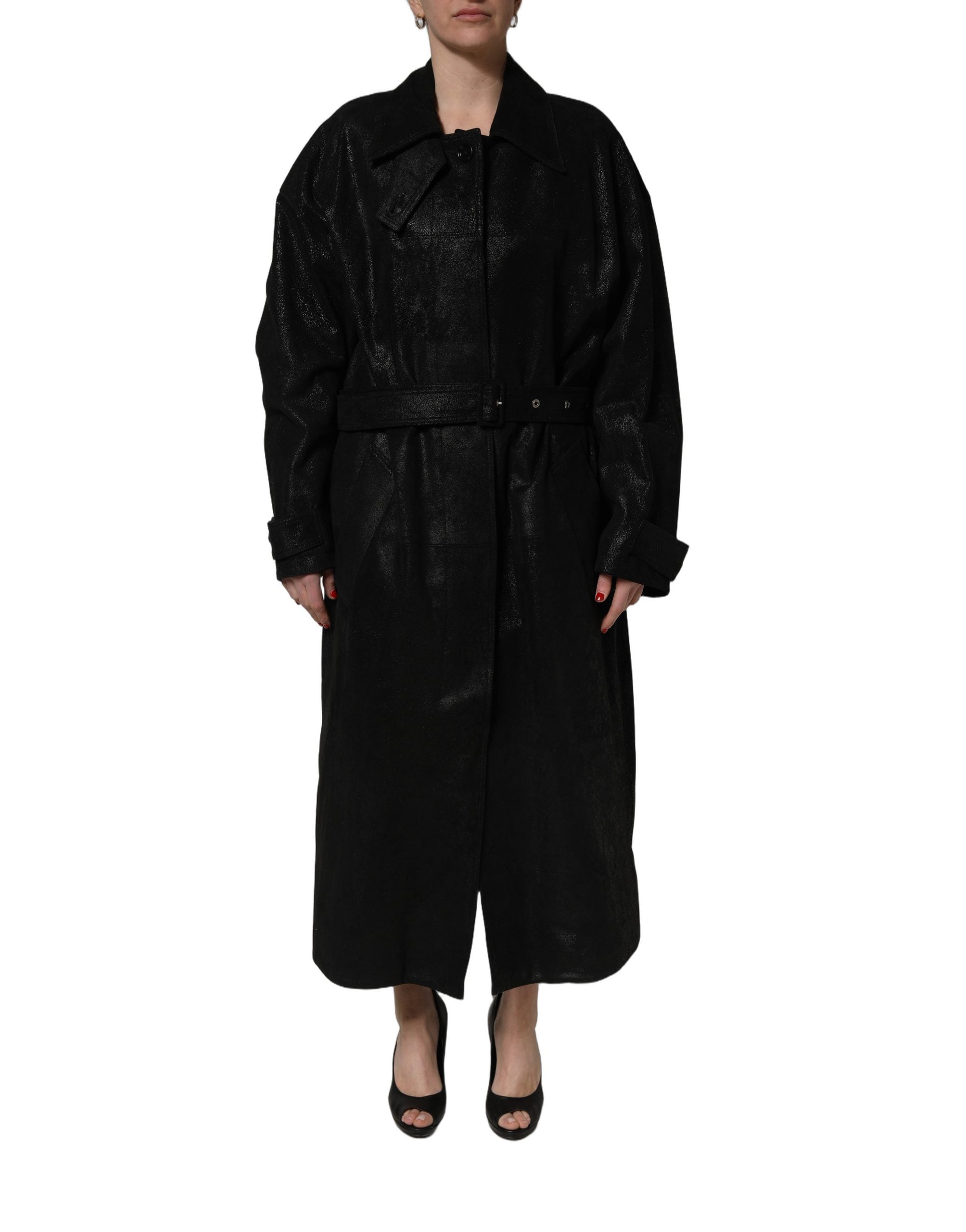 Dolce & Gabbana Schwarzer Trenchcoat aus Lammleder mit Gürtel