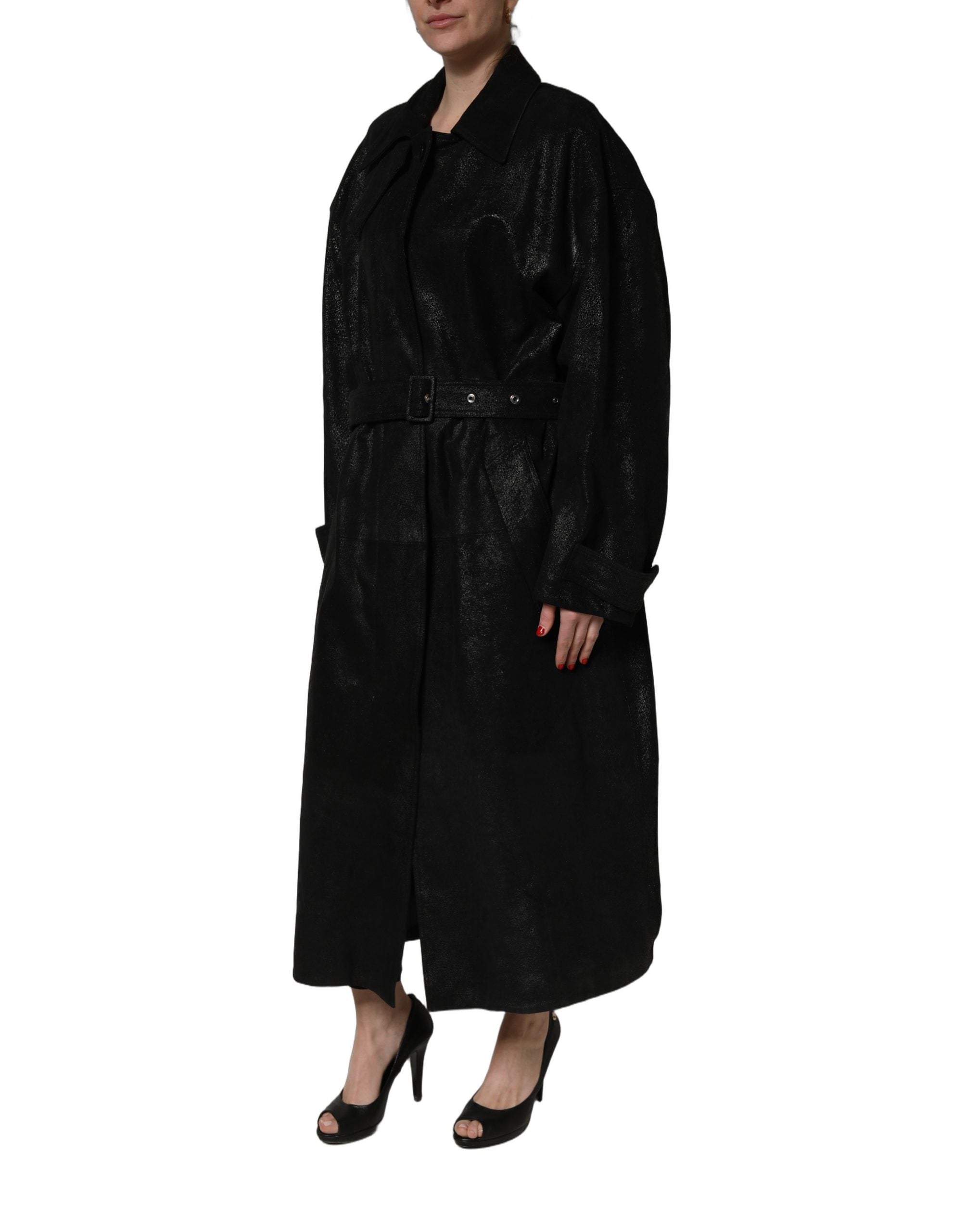 Dolce & Gabbana Schwarzer Trenchcoat aus Lammleder mit Gürtel