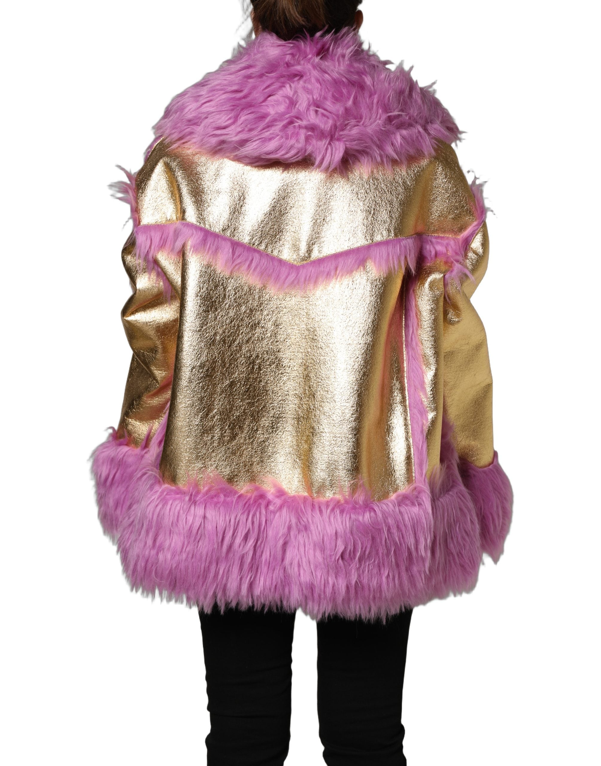 Dolce & Gabbana Pink Plüsch Kunstpelz Gold Leder Mantel Jacke