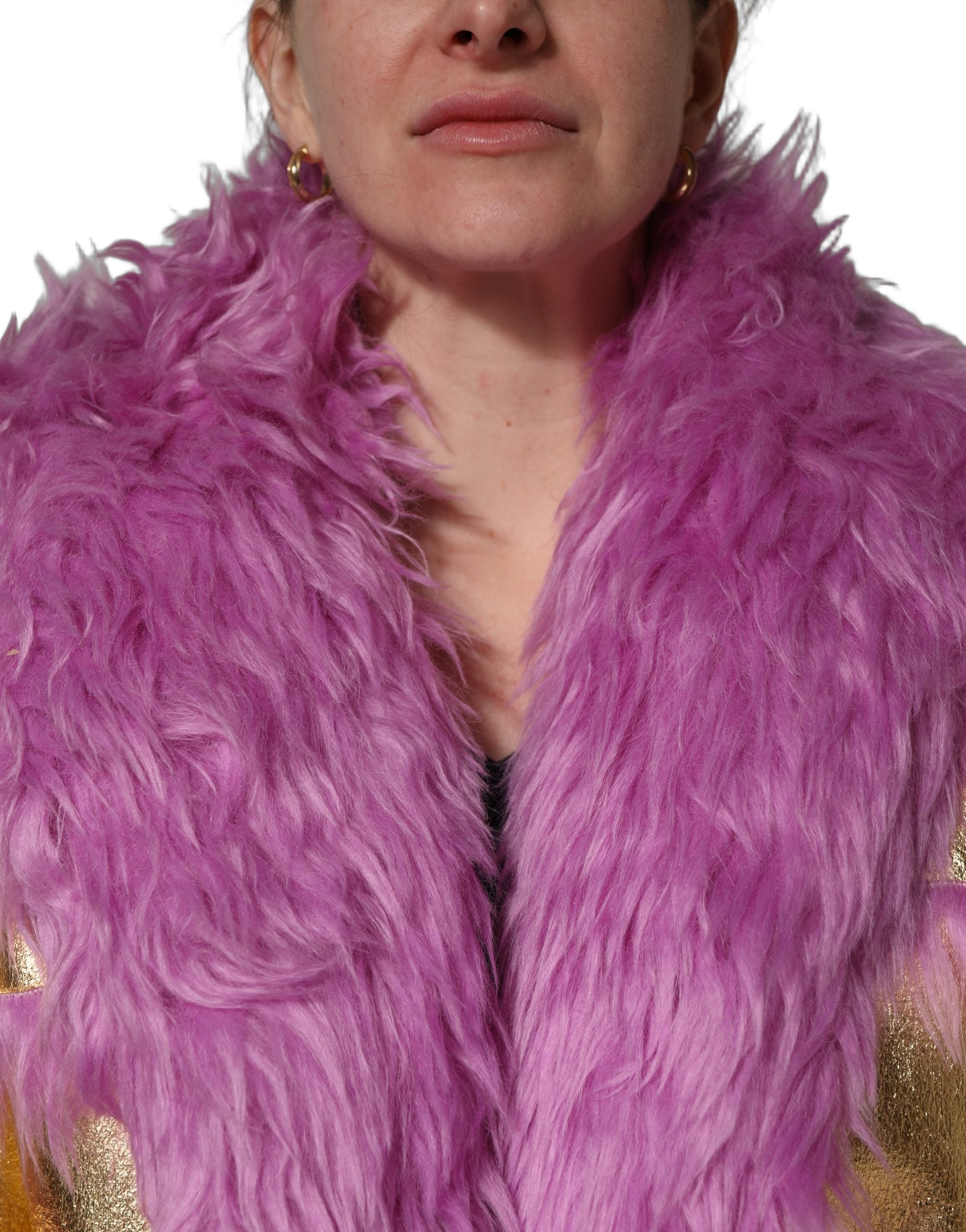 Dolce & Gabbana Pink Plüsch Kunstpelz Gold Leder Mantel Jacke