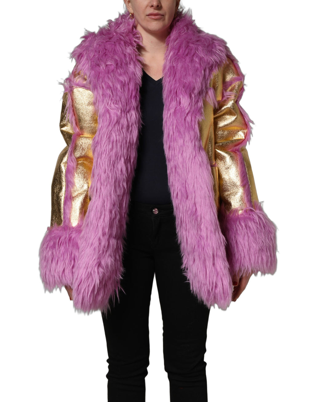 Dolce & Gabbana Pink Plüsch Kunstpelz Gold Leder Mantel Jacke