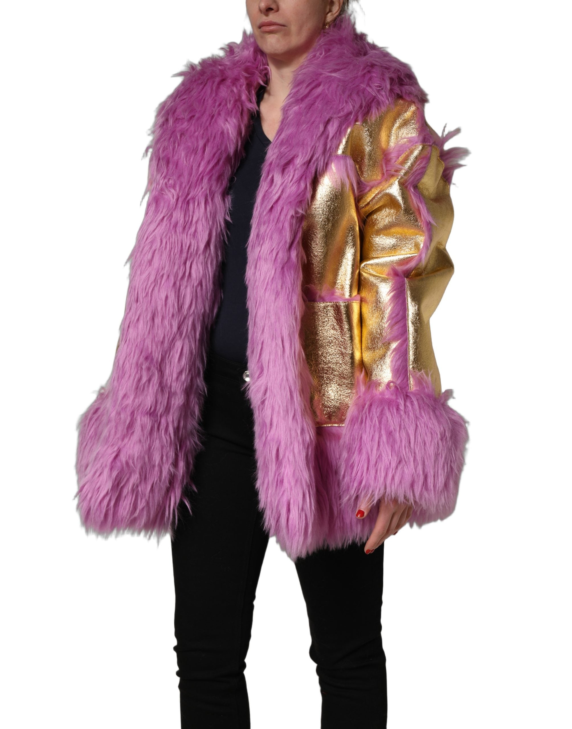Dolce & Gabbana Pink Plüsch Kunstpelz Gold Leder Mantel Jacke