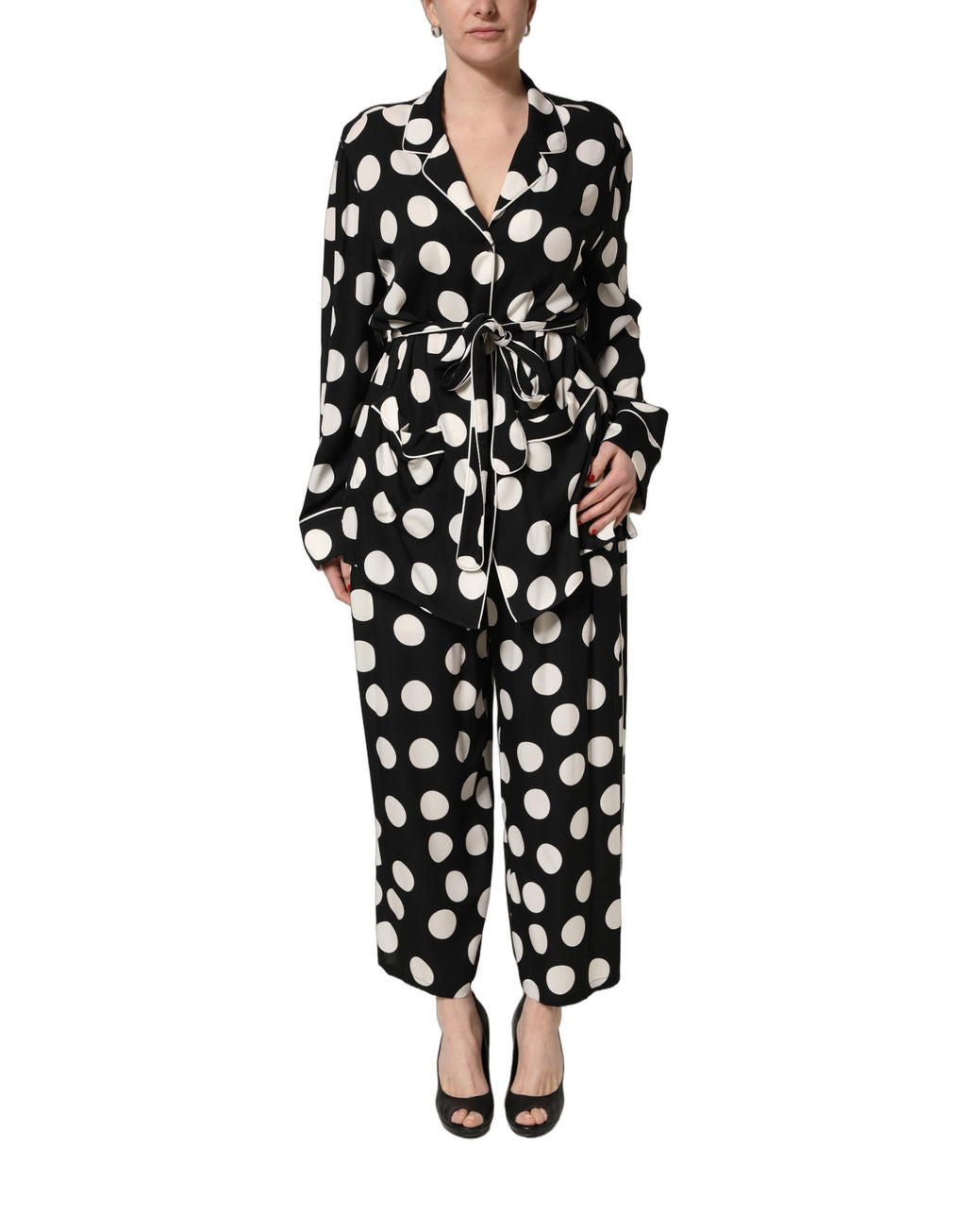 Dolce & Gabbana Zweiteiliges Schlafanzug-Set mit schwarzem und weißem Polka-Dot-Muster