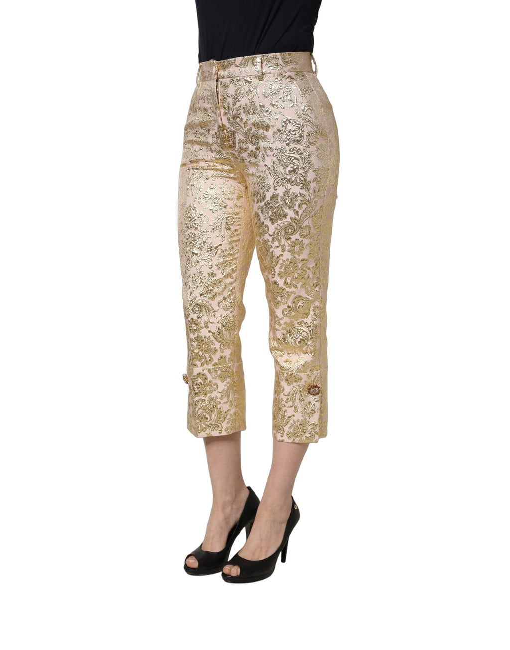 Dolce & Gabbana Gold Jacquard Blumen Lamé Crop Hose