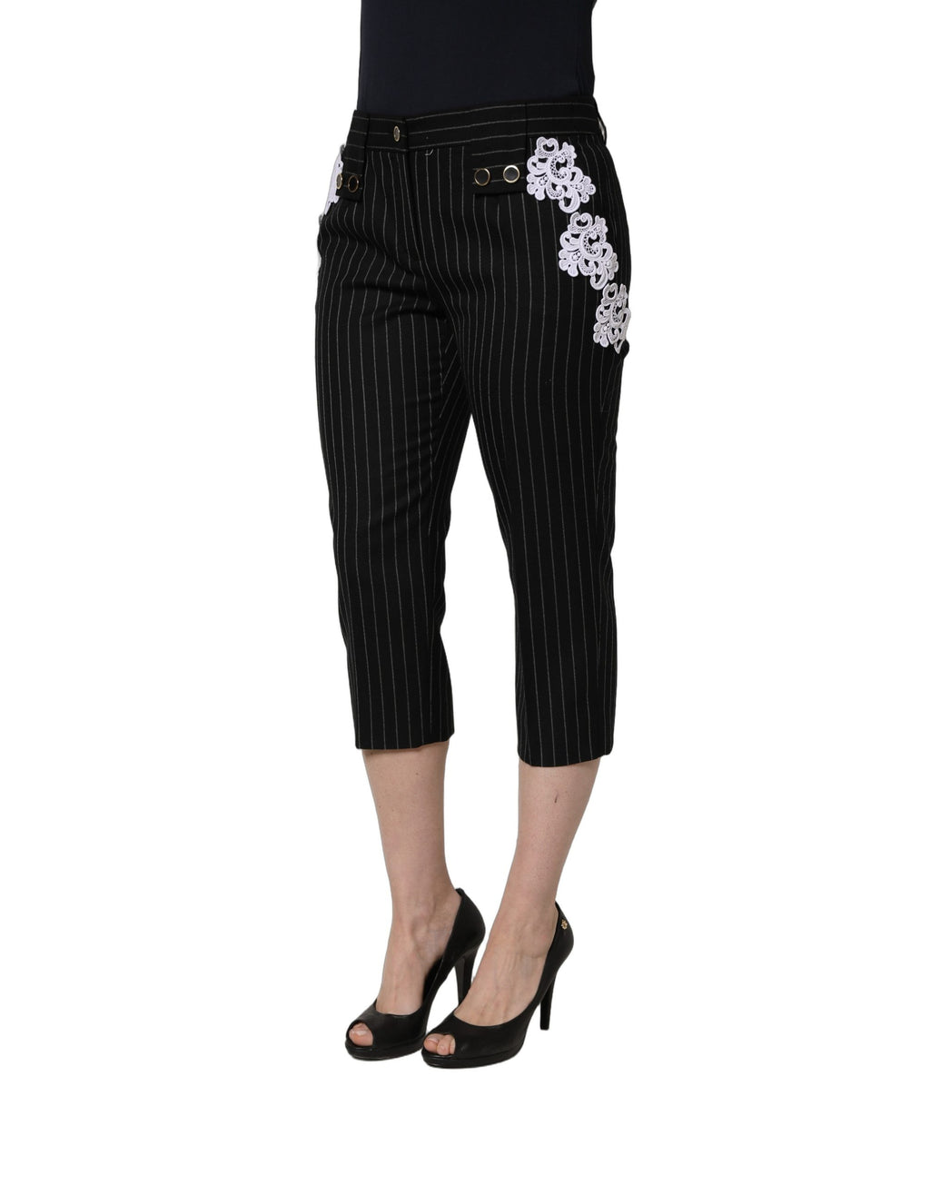 Dolce & Gabbana Schwarze Cropped Hose mit Nadelstreifen und Spitzenapplikationen