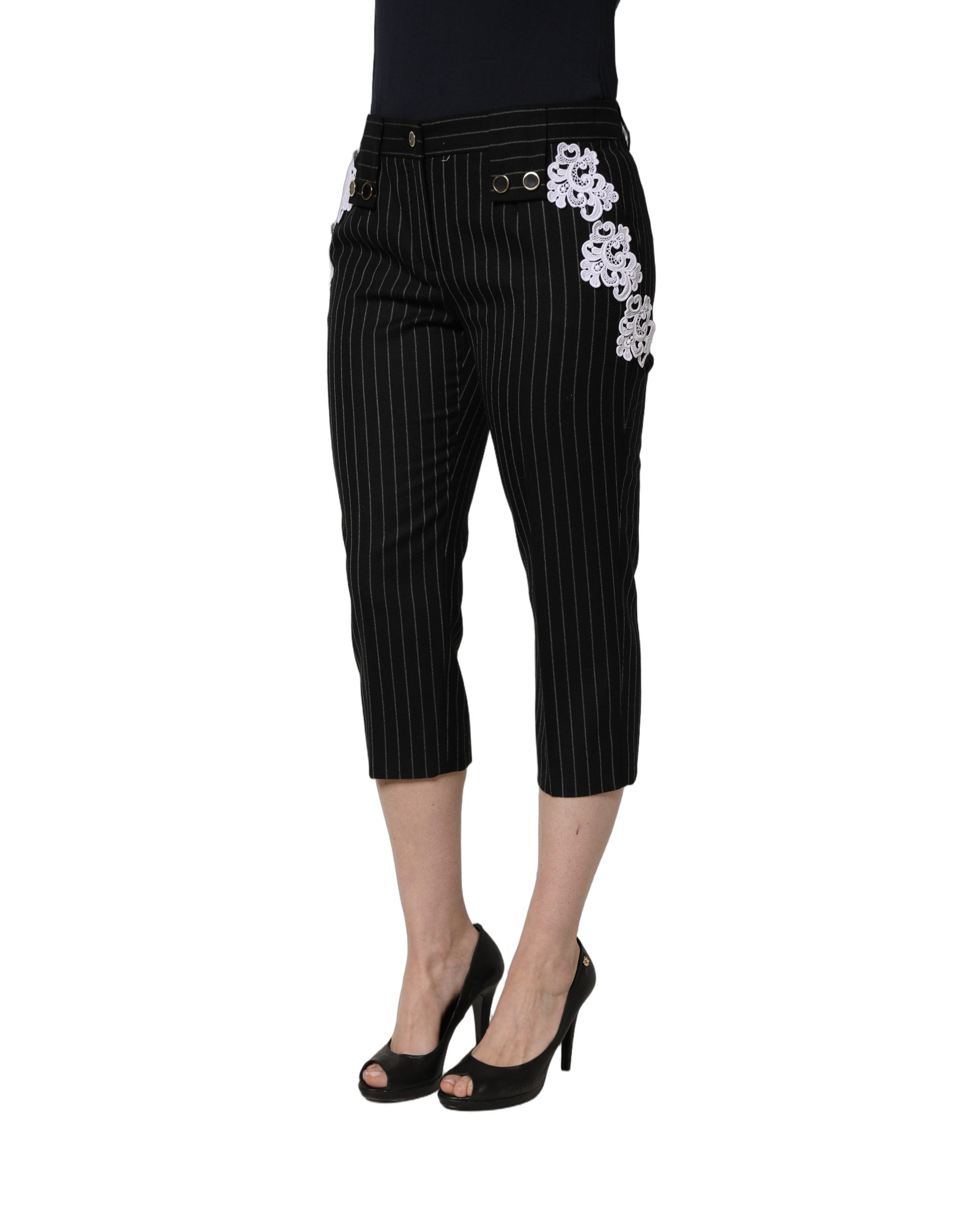 Dolce & Gabbana Schwarze Cropped Hose mit Nadelstreifen und Spitzenapplikationen