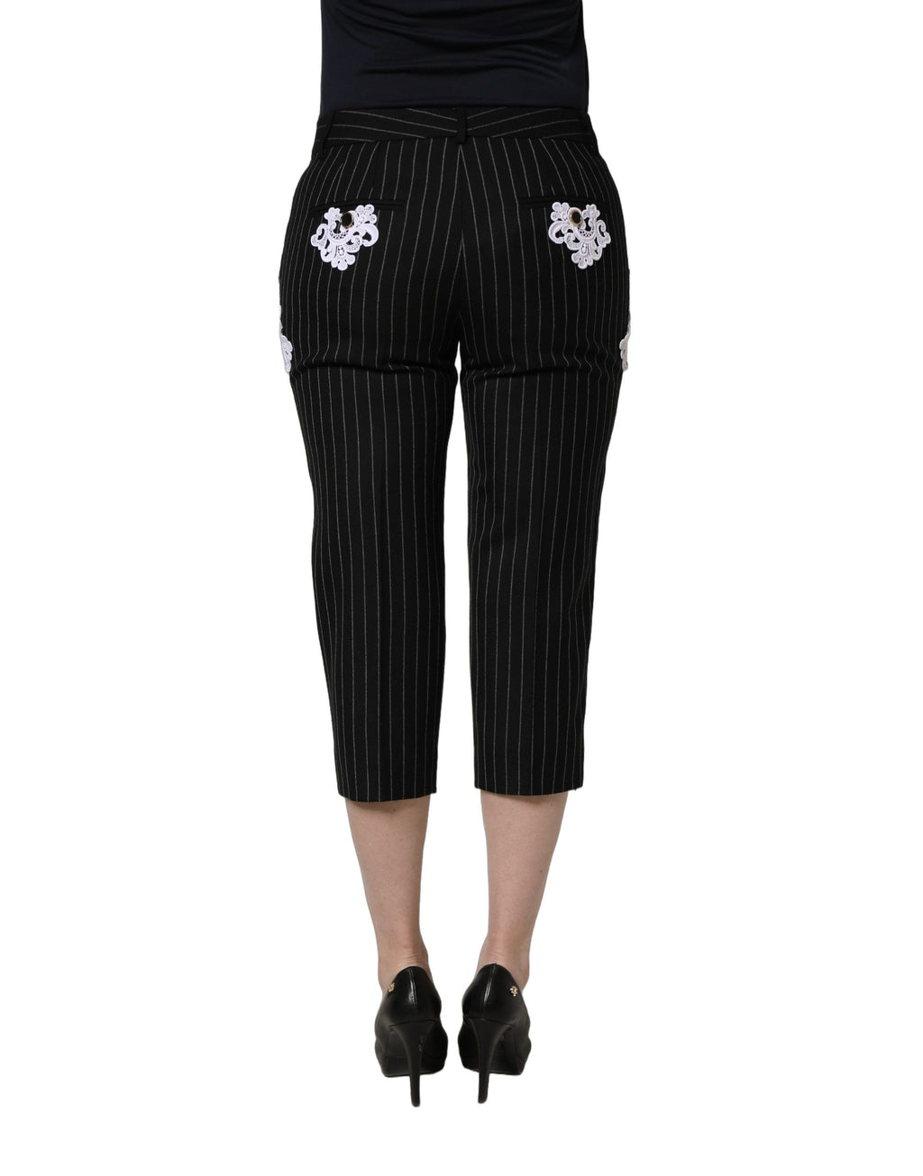 Dolce & Gabbana Schwarze Cropped Hose mit Nadelstreifen und Spitzenapplikationen
