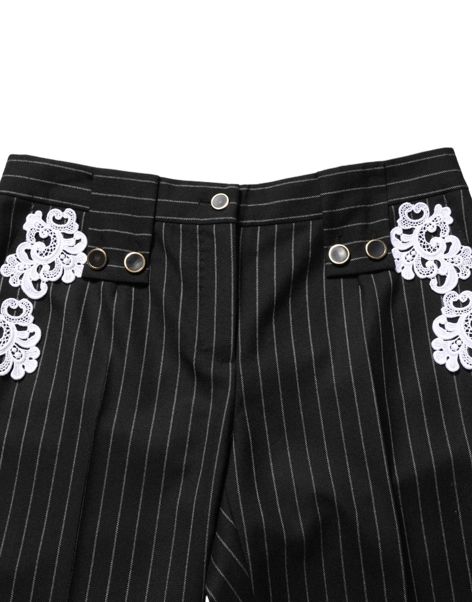 Dolce & Gabbana Schwarze Cropped Hose mit Nadelstreifen und Spitzenapplikationen