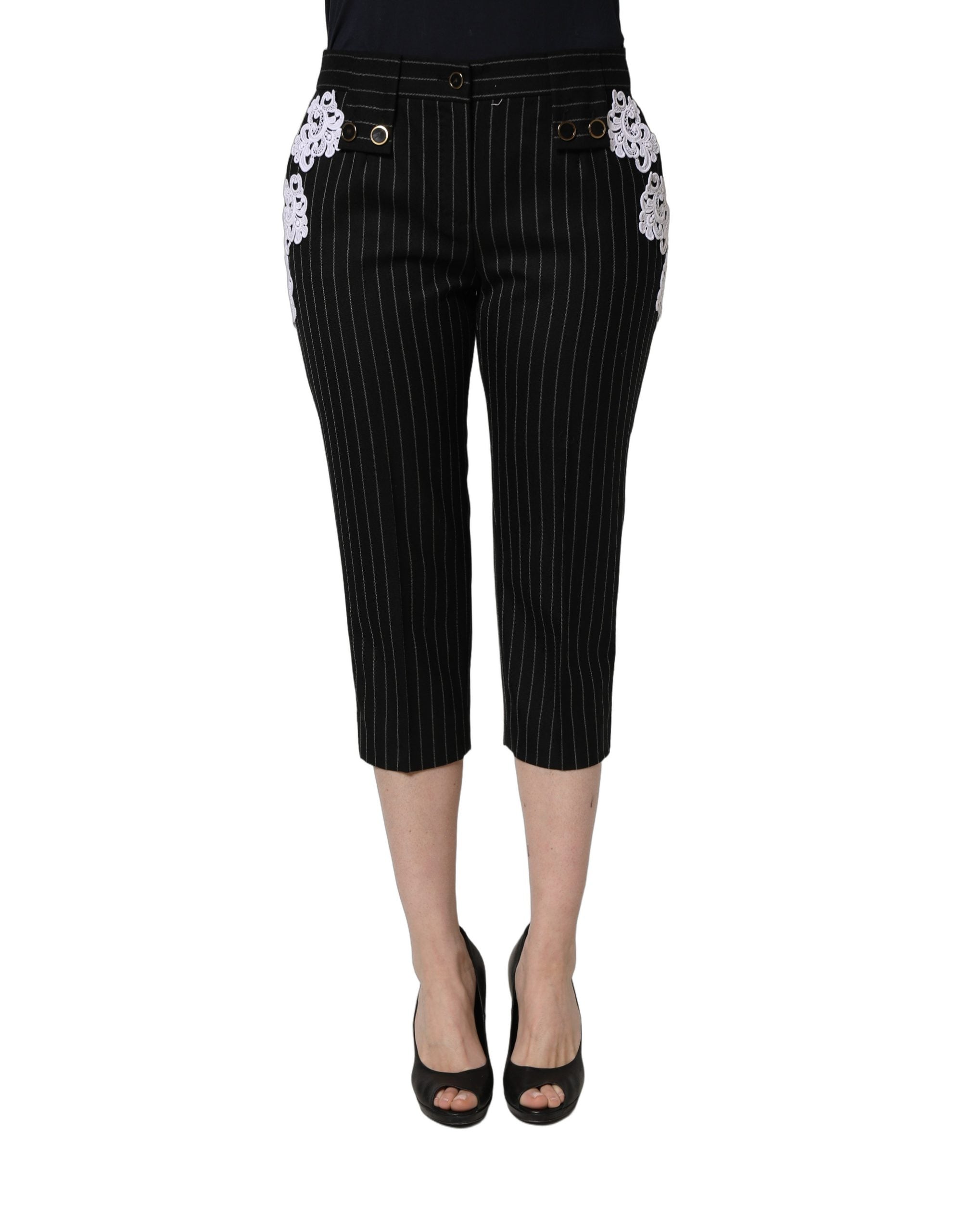 Dolce & Gabbana Schwarze Cropped Hose mit Nadelstreifen und Spitzenapplikationen