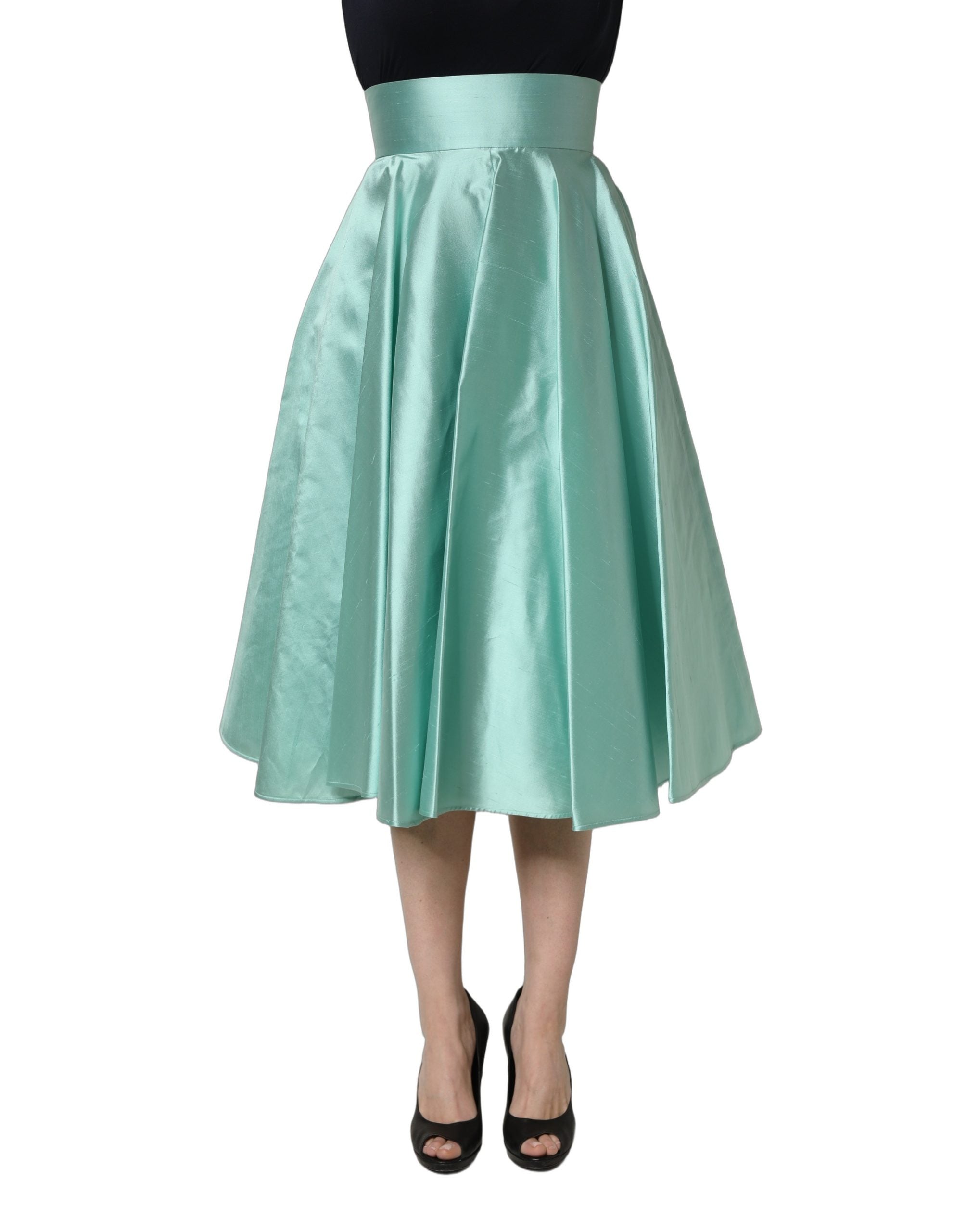 Dolce & Gabbana Plissierter Midirock aus grünem Satin mit hoher Taille und A-Linie