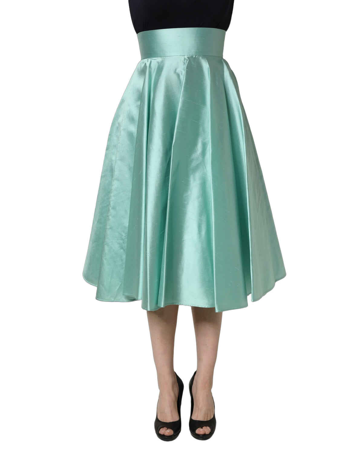 Dolce & Gabbana Plissierter Midirock aus grünem Satin mit hoher Taille und A-Linie