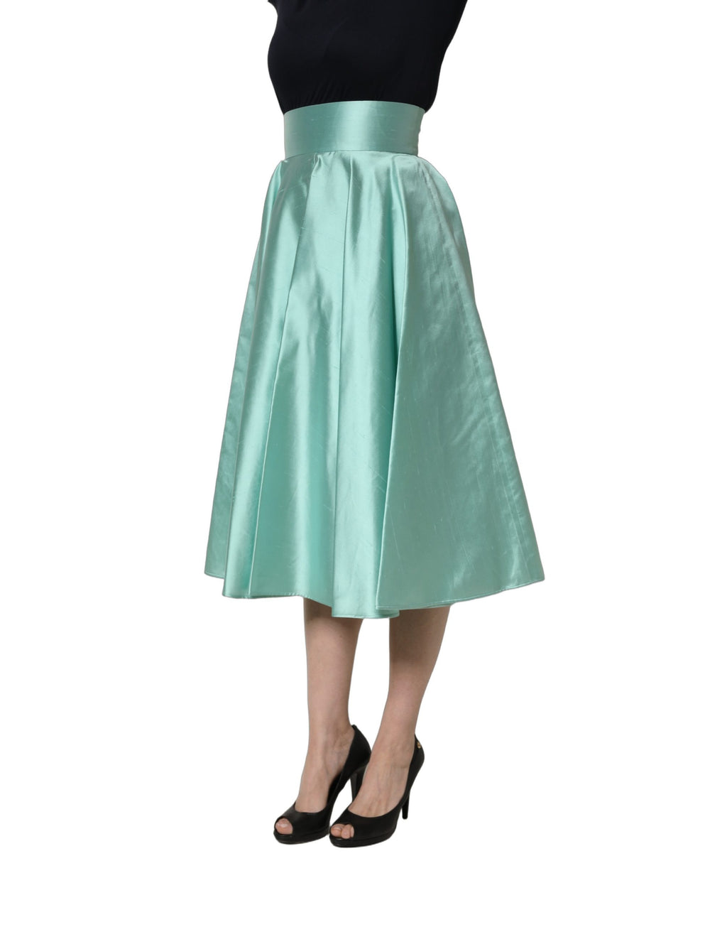 Dolce & Gabbana Plissierter Midirock aus grünem Satin mit hoher Taille und A-Linie