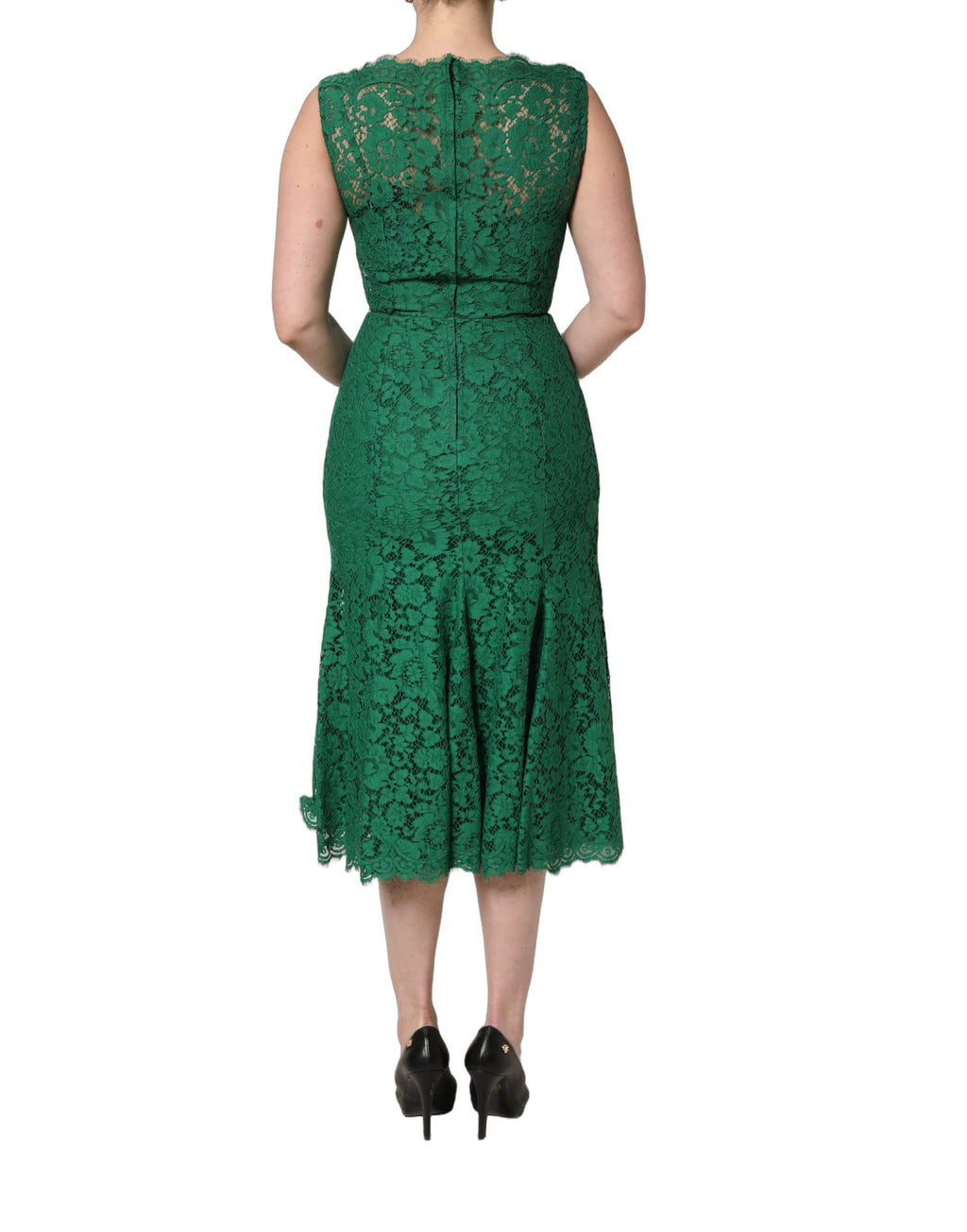 Dolce & Gabbana Grünes ärmelloses Midikleid aus Baumwolle mit Blumen-Spitze