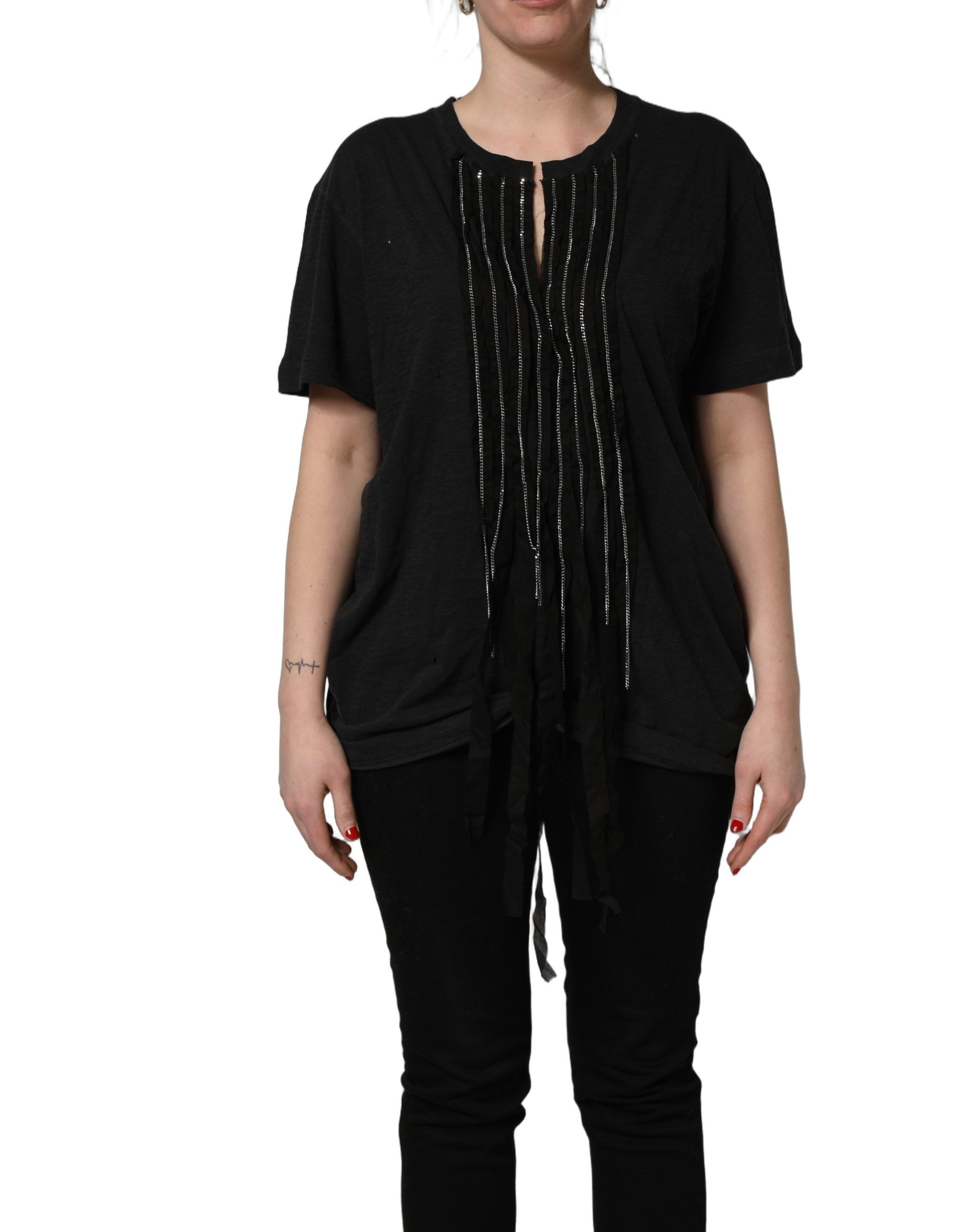 Dsquared² Schwarzes Kurzarm-T-Shirt aus Baumwolle mit Kettenverzierung