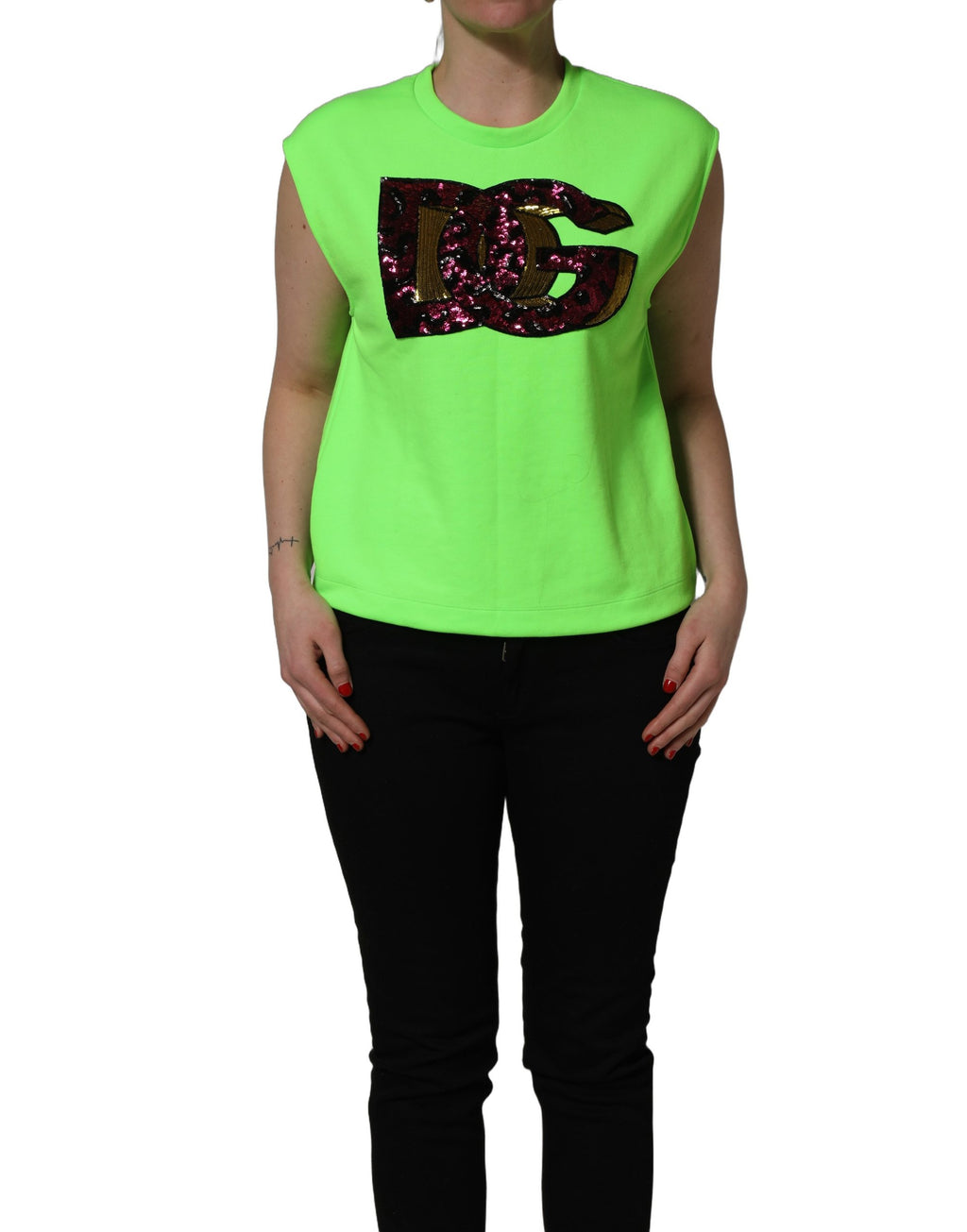 Dolce & Gabbana Neon Green DG Pailletten-Top aus Jersey ohne Ärmel