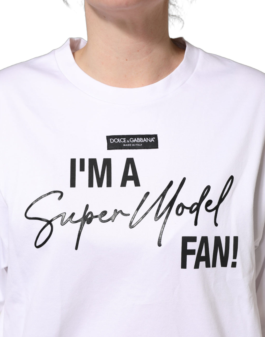Dolce & Gabbana Weißes Jersey-T-Shirt mit „I'm A Super Model Fan“-Print