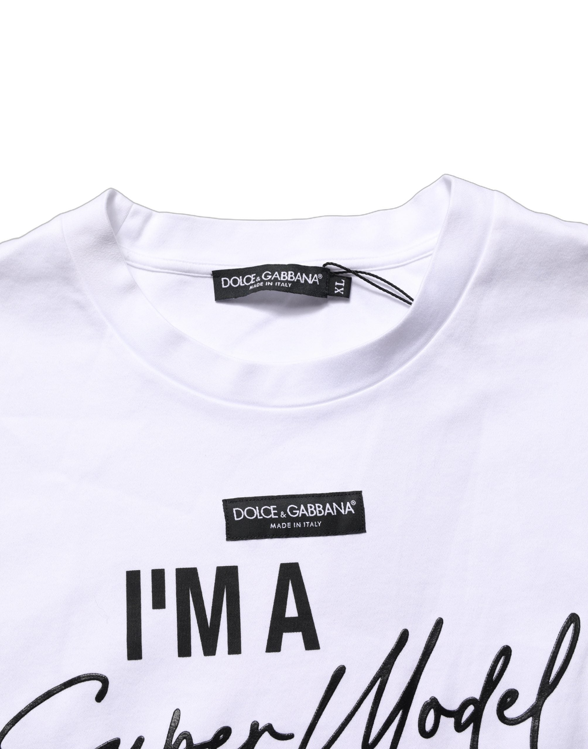 Dolce & Gabbana Weißes Jersey-T-Shirt mit „I'm A Super Model Fan“-Print