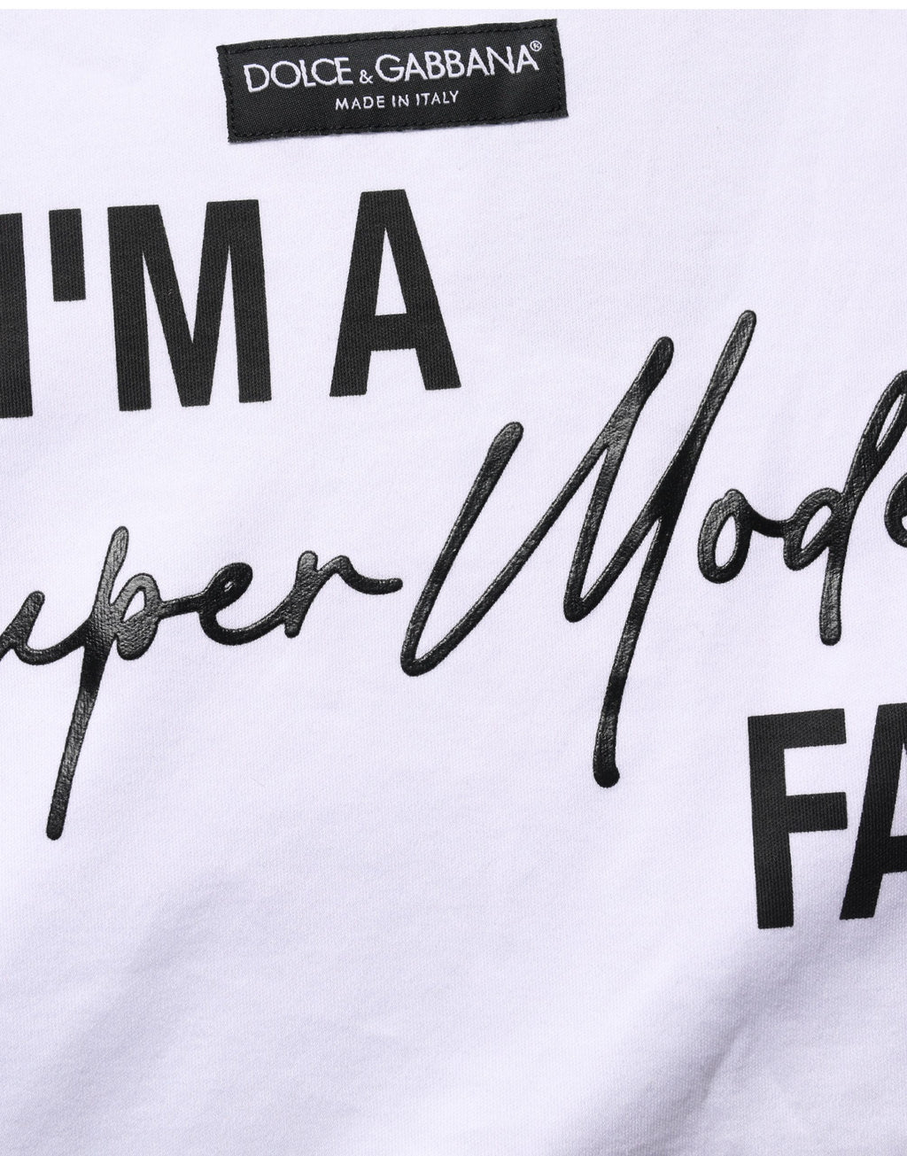 Dolce & Gabbana Weißes Jersey-T-Shirt mit „I'm A Super Model Fan“-Print