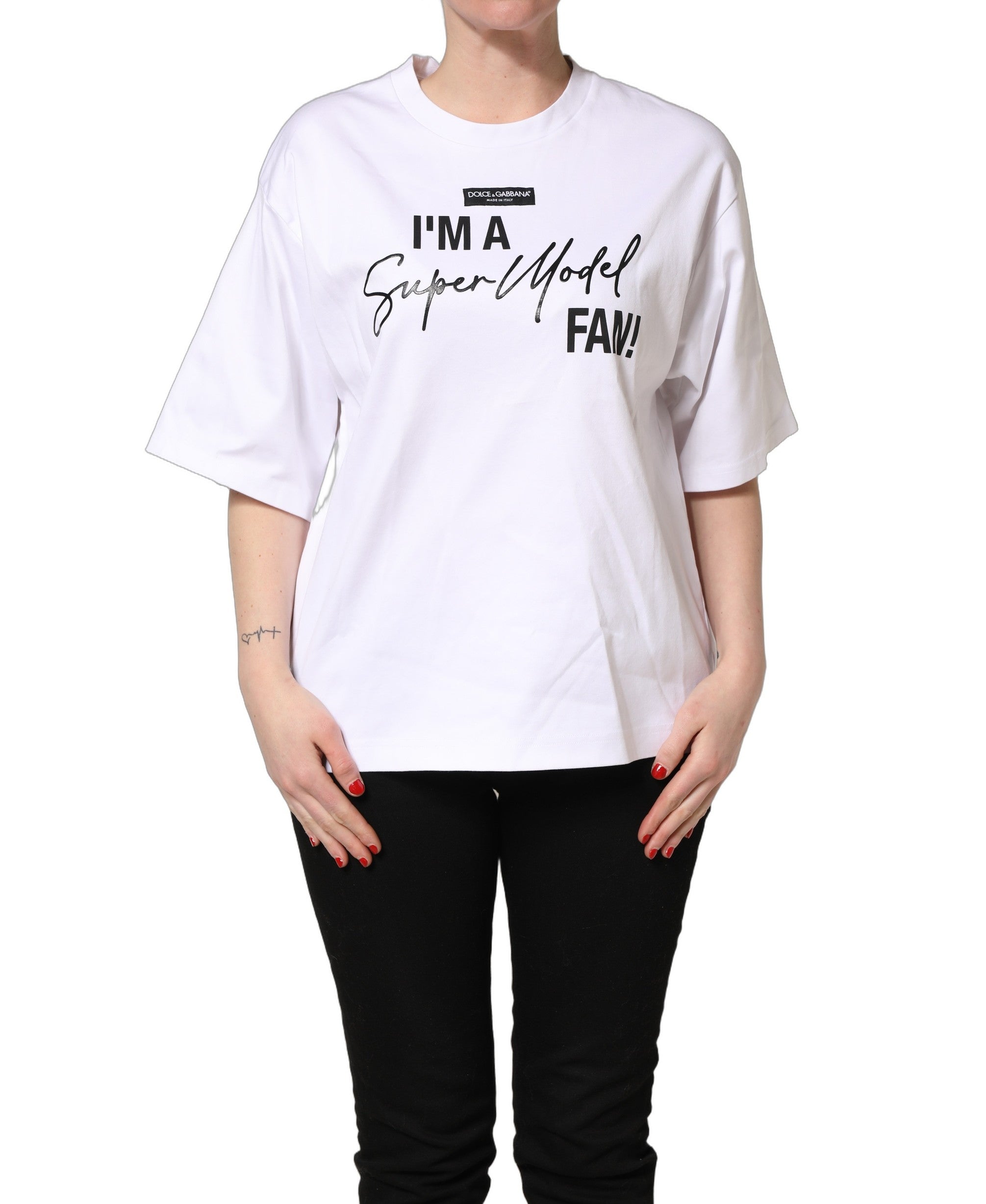 Dolce & Gabbana Weißes Jersey-T-Shirt mit „I'm A Super Model Fan“-Print