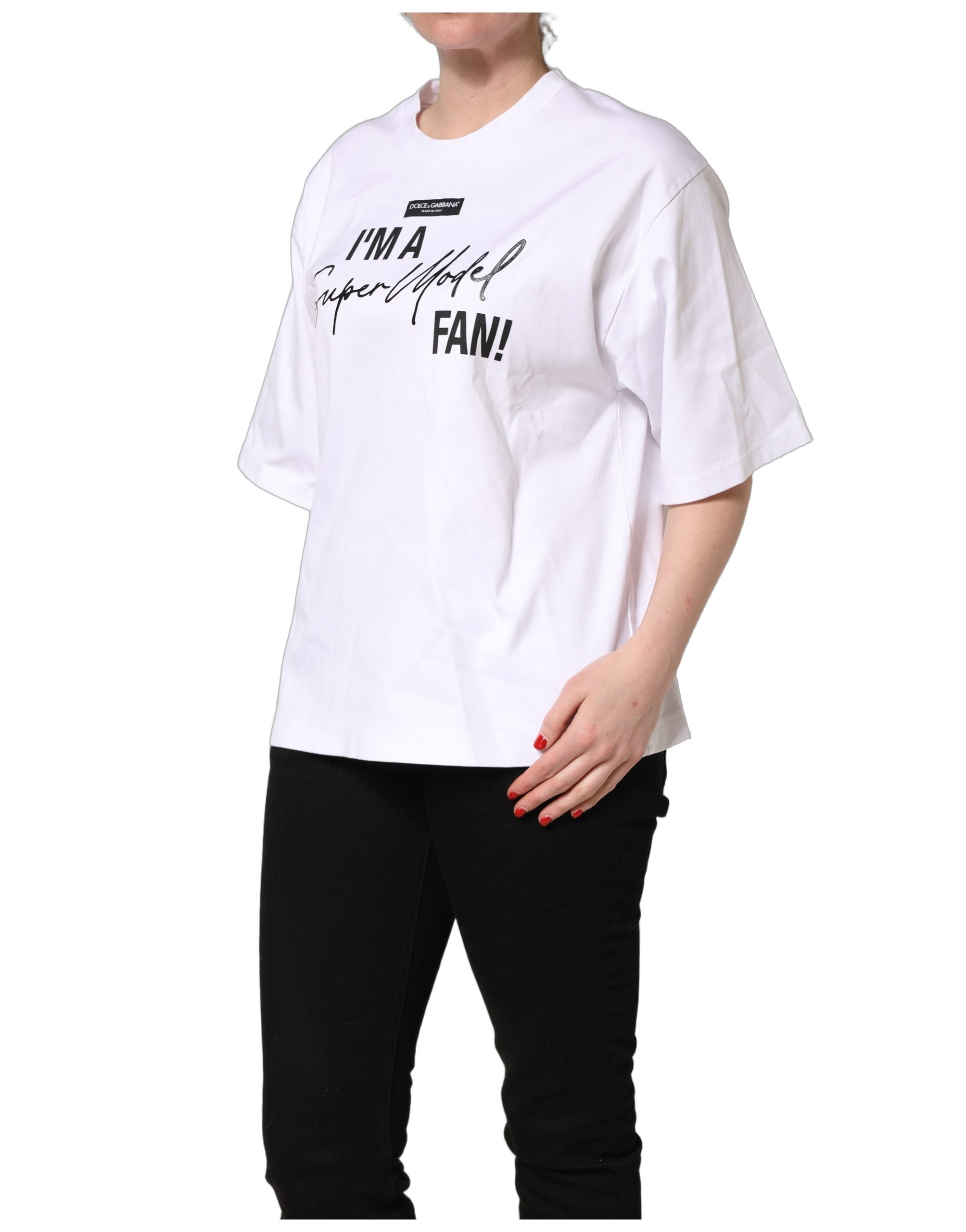 Dolce & Gabbana Weißes Jersey-T-Shirt mit „I'm A Super Model Fan“-Print