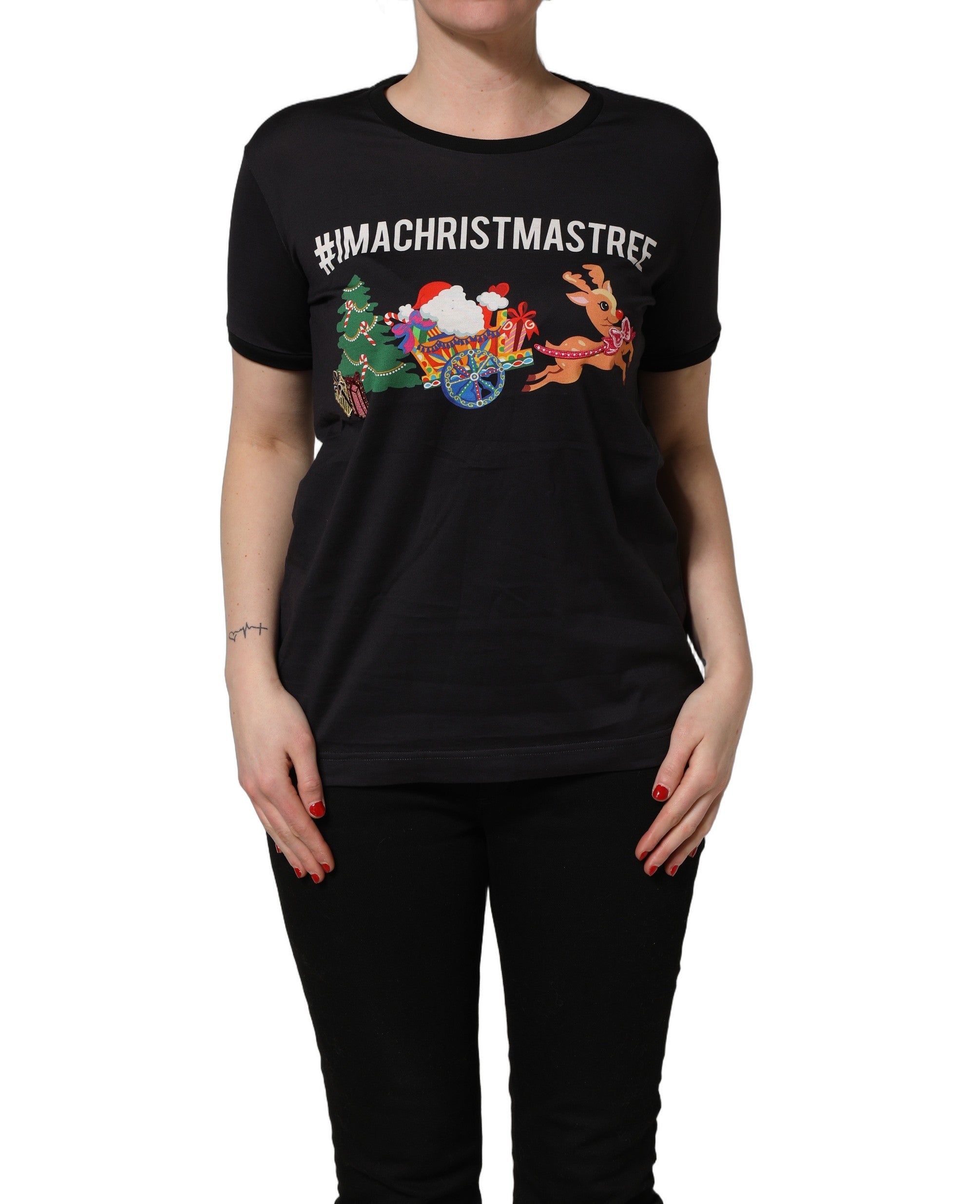 Dolce & Gabbana Schwarzes Baumwoll-T-Shirt mit #IAMACHRISTMASTREE Print