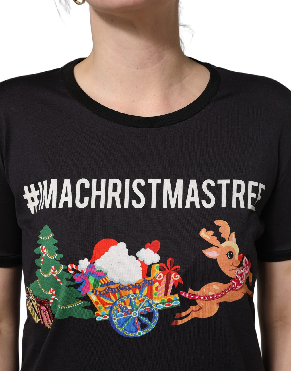 Dolce & Gabbana Schwarzes Baumwoll-T-Shirt mit #IAMACHRISTMASTREE Print
