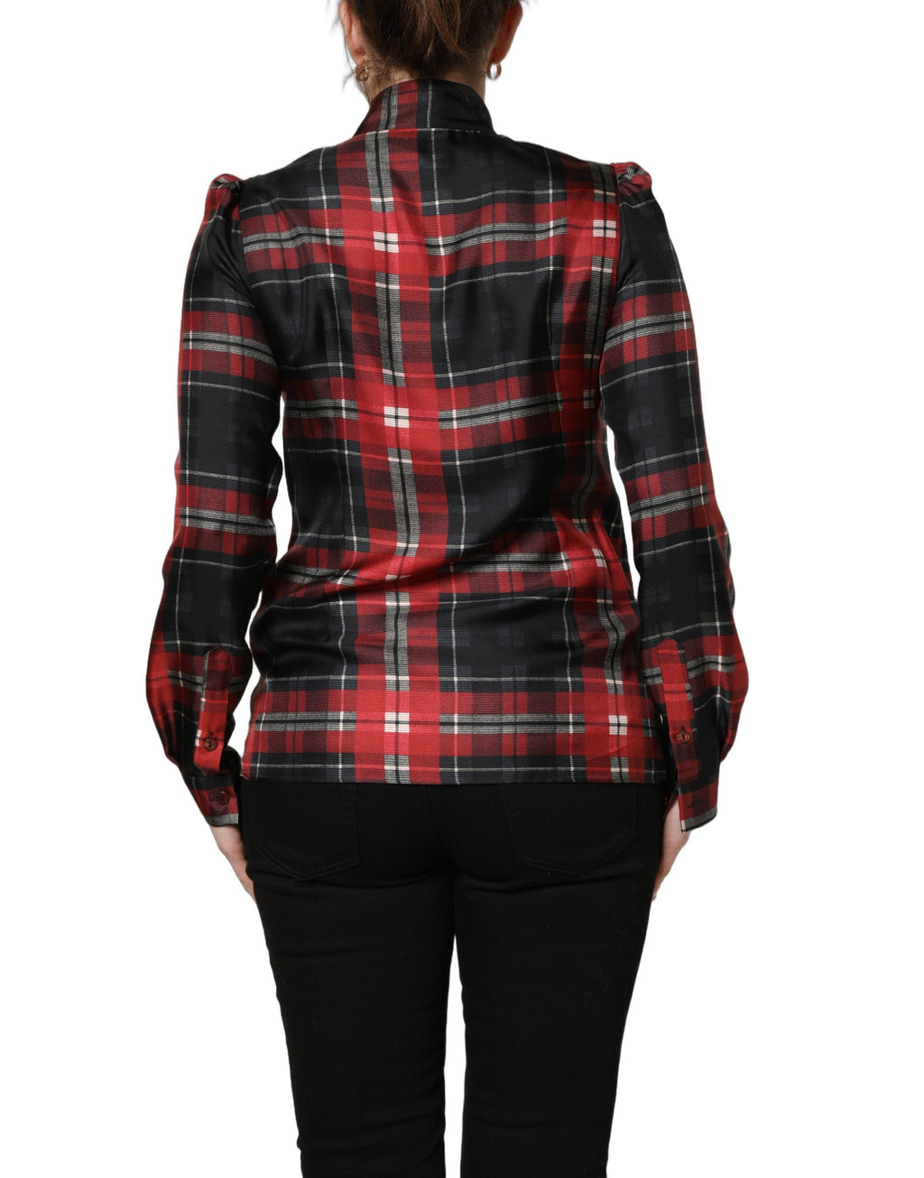 Dolce & Gabbana Seidenbluse mit Schleife und Karomuster in Rot und Schwarz
